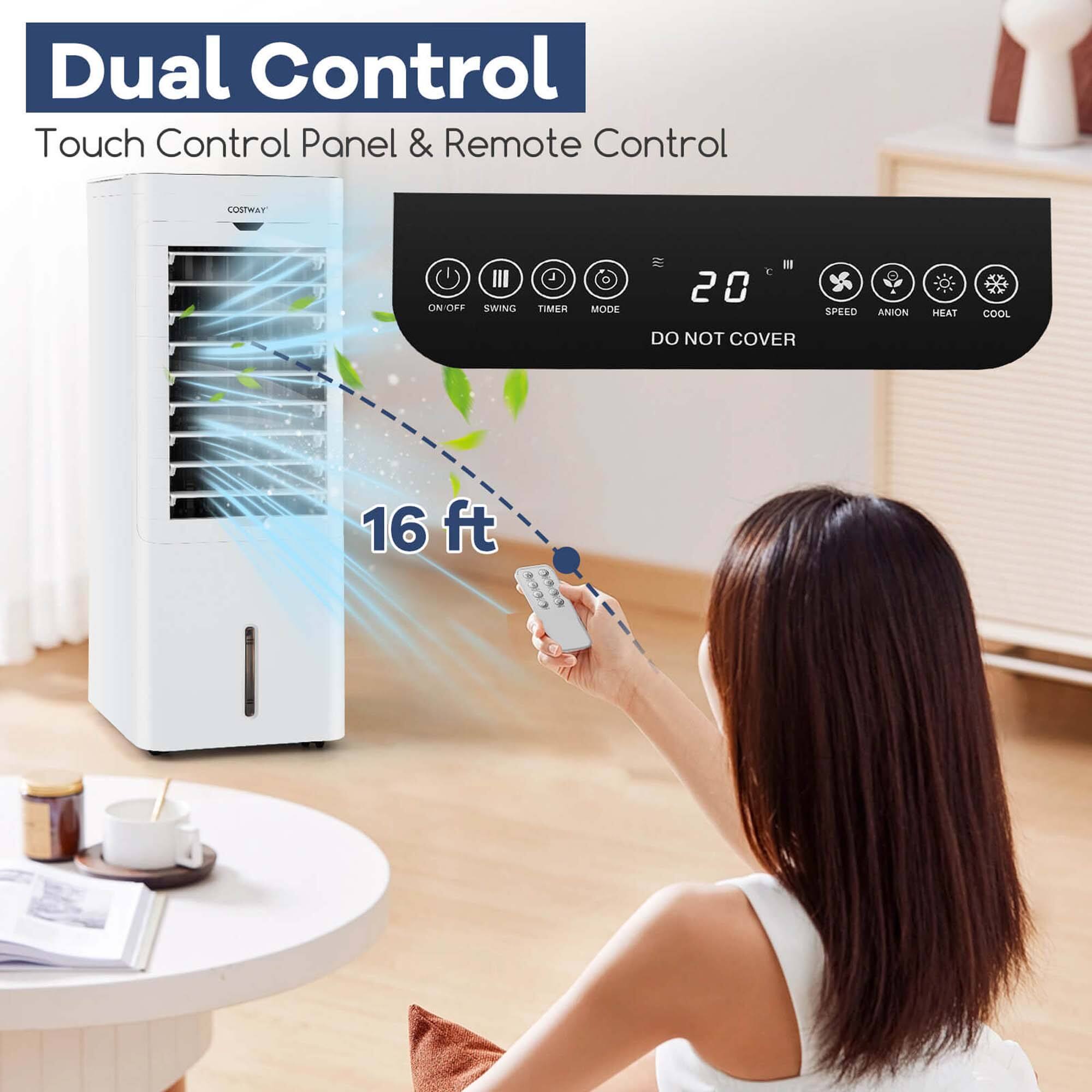 Dual Control Touch Control Panel & Remote Control COSTWAY ON OFF III SWING TIMER MODE E E 20 I SPEED ANION HEAT COOL DO NOT COVER 16 ft
