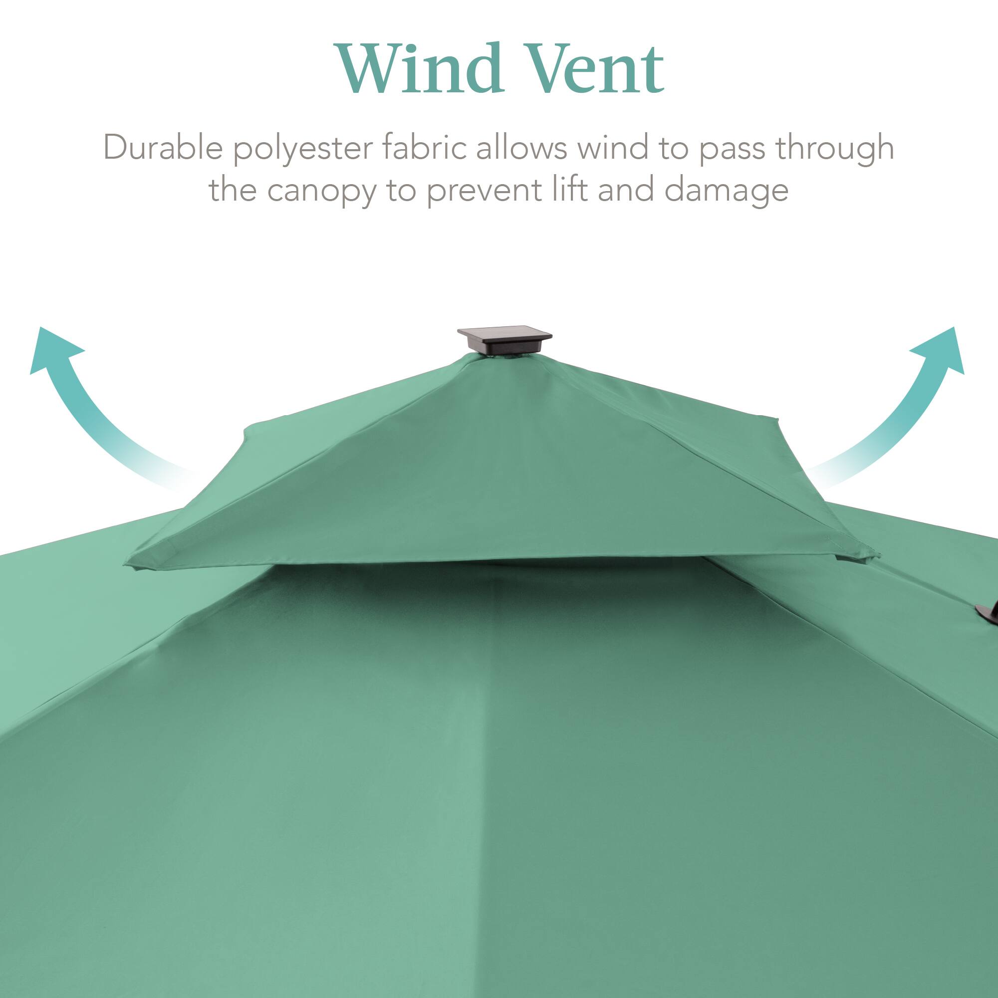 Wind Vent  
Durable polyester fabric allows wind to pass through the canopy to prevent lift and damage