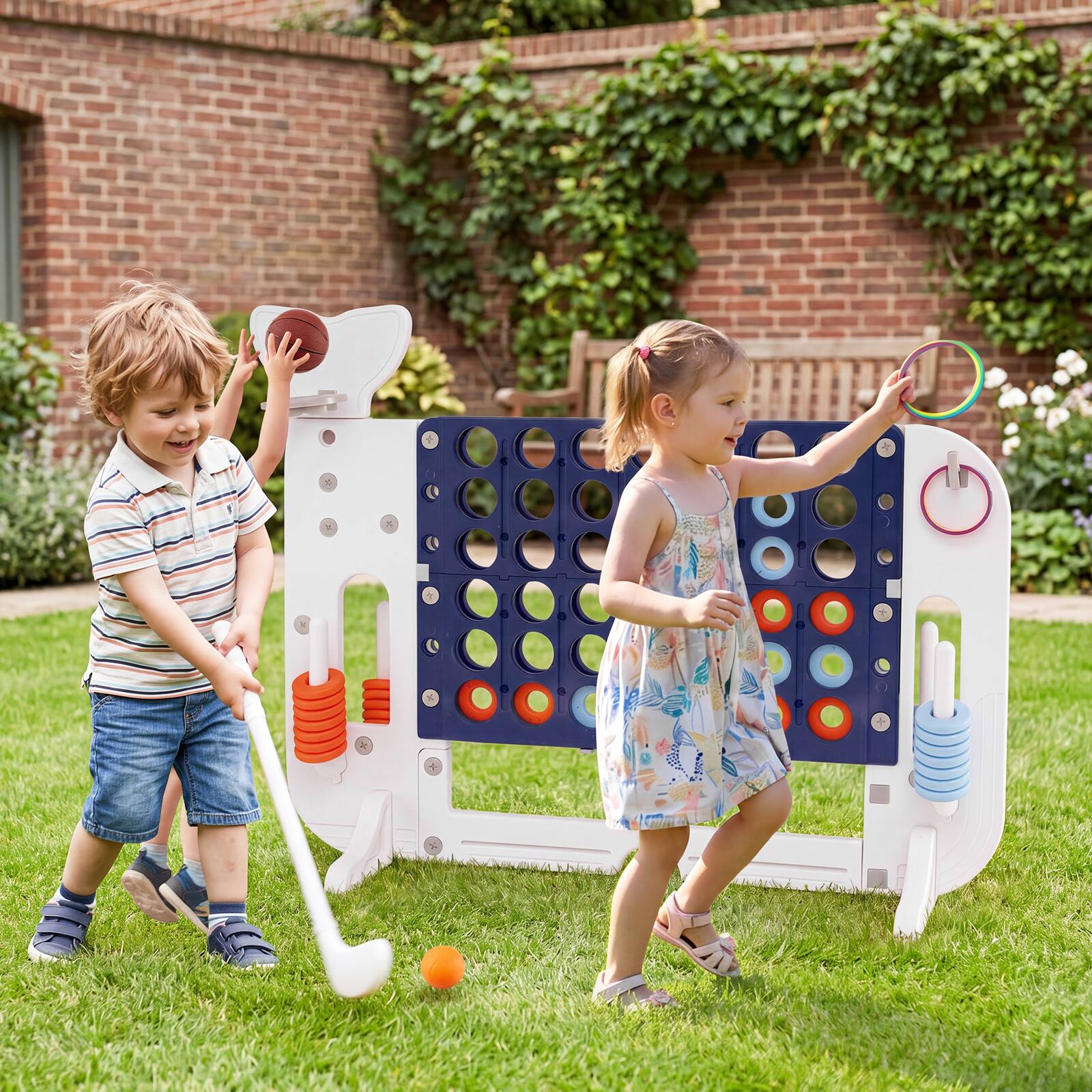 Alt View 1. Costway - Costway Jumbo Connect Four Game with Ring-toss Basketball Golf Club & Balls 2 Cups Holders - Navy Blue.