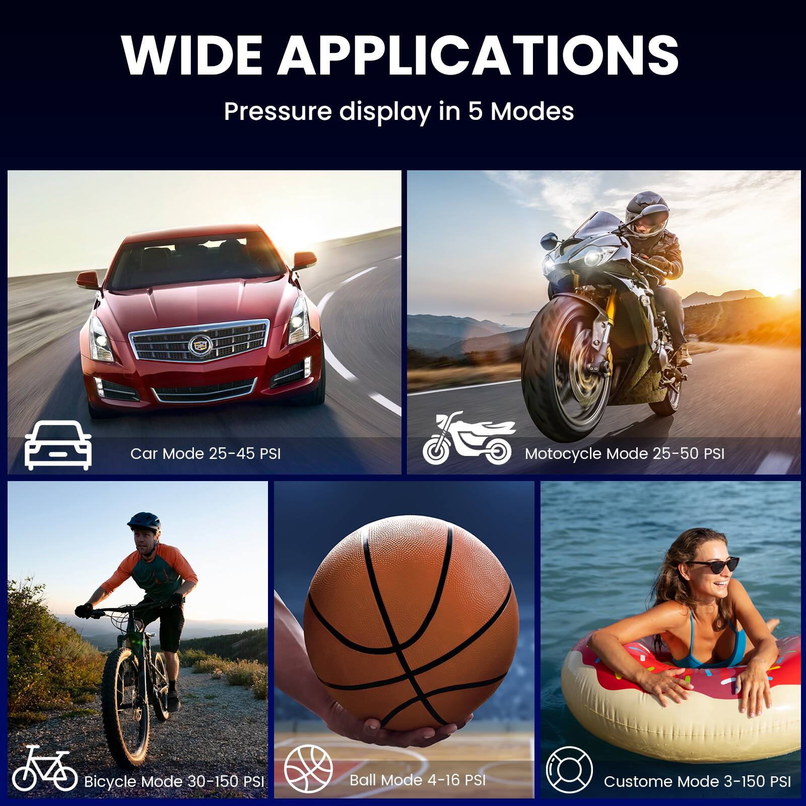 WIDE APPLICATIONS  
Pressure display in 5 Modes

- Car Mode 25-45 PSI
- Motorcycle Mode 25-50 PSI
- Bicycle Mode 30-150 PSI
- Ball Mode 4-16 PSI
- Custom Mode 3-150 PSI