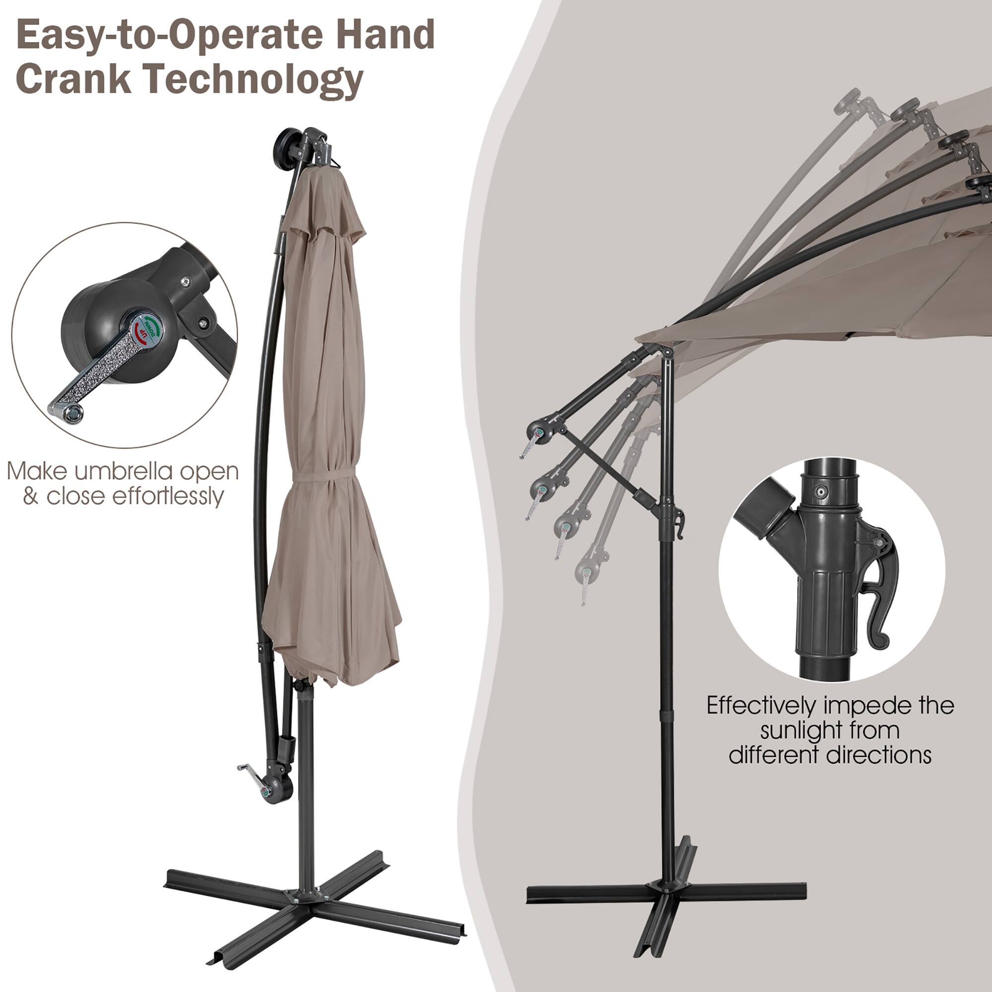 Easy-to-Operate Hand Crank Technology: Make umbrella open & close effortlessly. Effectively impede the sunlight from different directions.