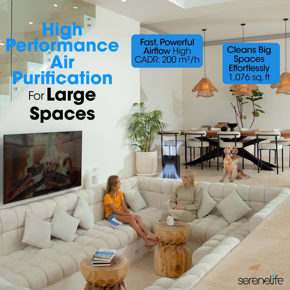 High Performance Air Purification  
For Large Spaces  

Fast, Powerful Airflow  
High CADR: 200 m³/h  

Cleans Big Spaces Effortlessly  
1,076 sq. ft  

serenelife