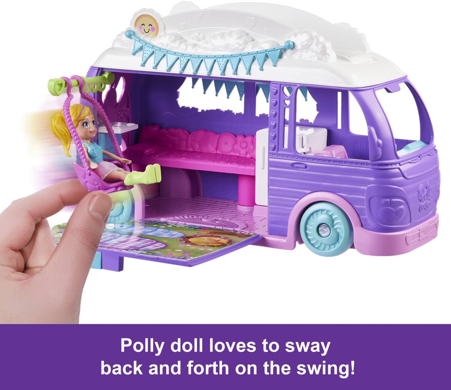 Polly doll loves to sway back and forth on the swing!
