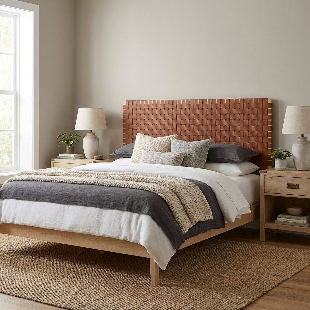 Left. FurniFact - Vegan Leather King Headboard with Durable Frame and Stylish Design - Brown.