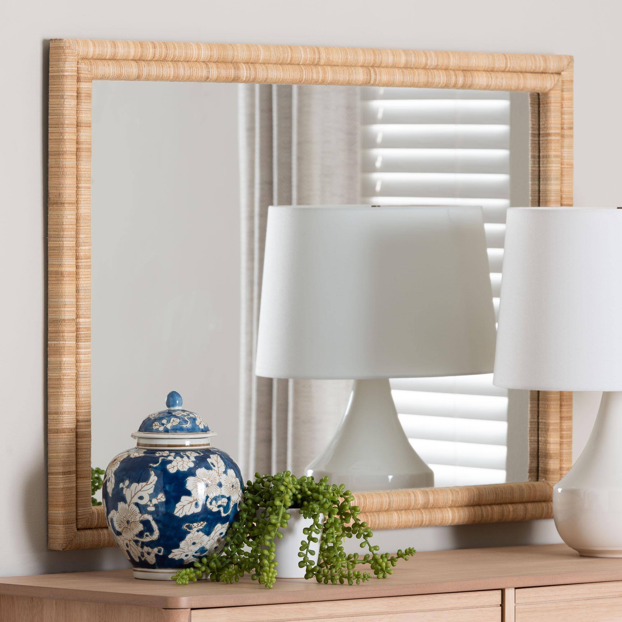 Back. bali & pari - bali & pari Canan Grasscloth Wall Mirror - Handwoven Rectangle Frame Accent Mirror - Light Brown.