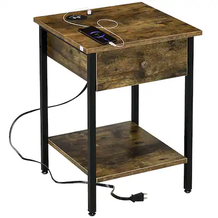 Front. Homcom - End Table with Wireless Charging, 2-Tier Storage - Rustic Brown.