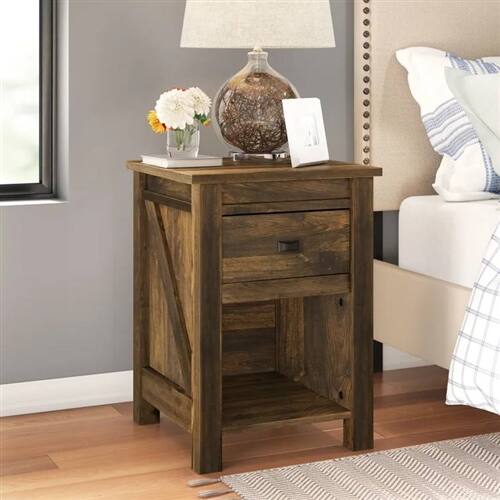 Angle. SlickBlue - Farmhouse 1-Drawer Bedroom Nightstand with Open Shelf Organizer - Pine.