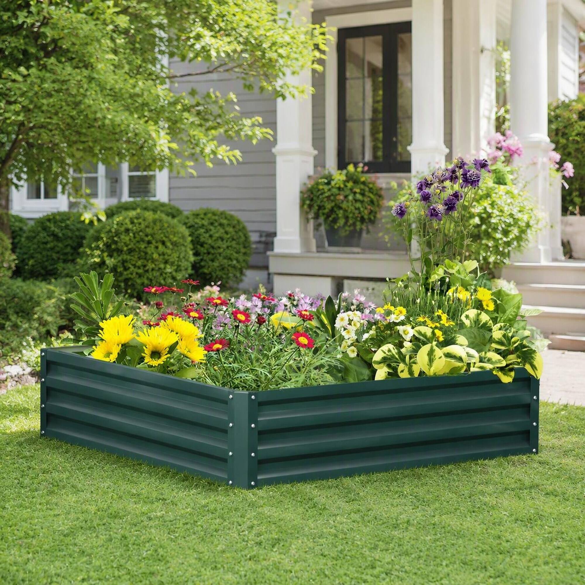Alt View 1. RYHNUYNE - Outsunny Galvanized Steel Raised Garden Bed, 4x4x1 Foot Metal Planter Box for Vegetables, Flowers, Herbs - Green.