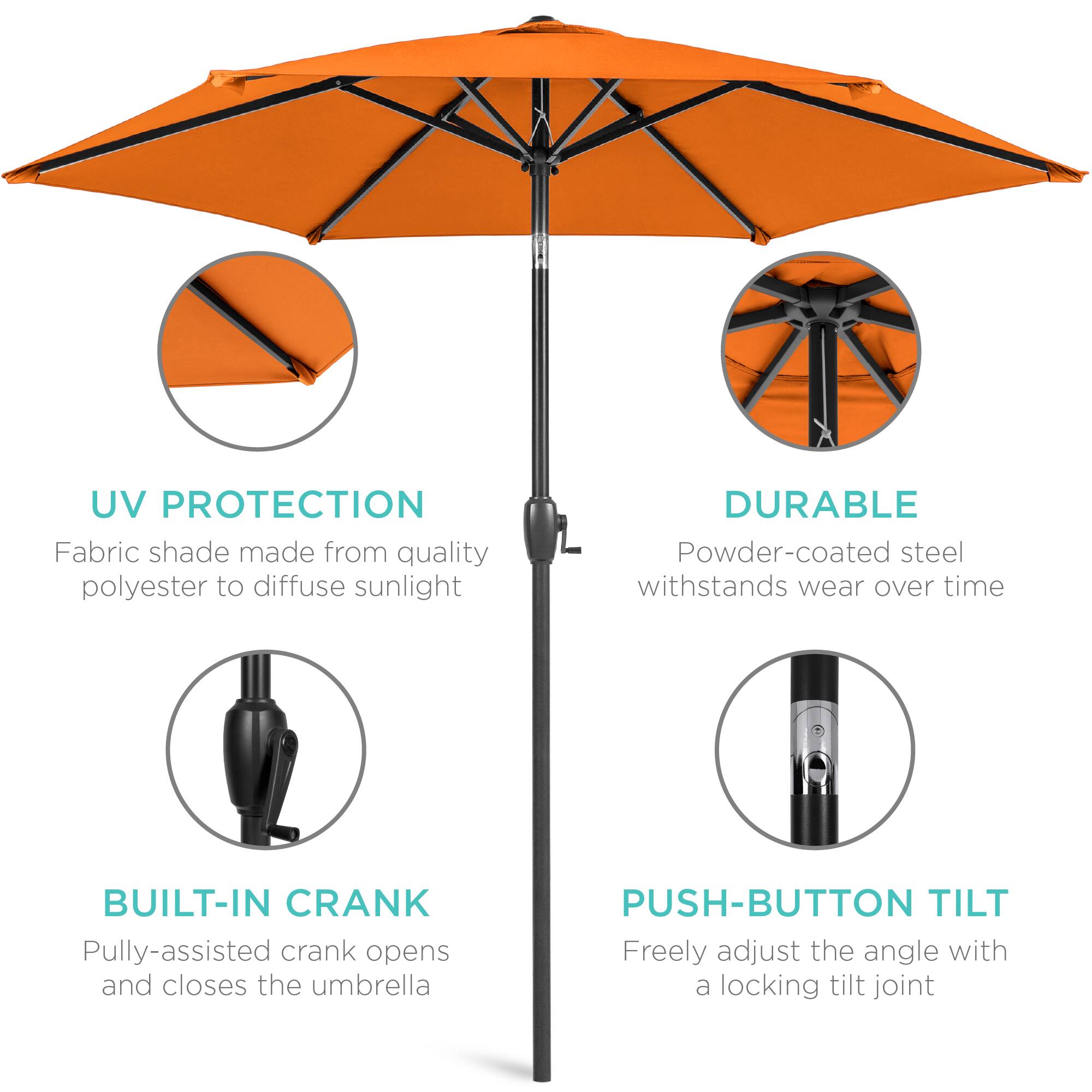 UV PROTECTION  
Fabric shade made from quality polyester to diffuse sunlight  

DURABLE  
Powder-coated steel withstands wear over time  

BUILT-IN CRANK  
Pully-assisted crank opens and closes the umbrella  

PUSH-BUTTON TILT  
Freely adjust the angle with a locking tilt joint