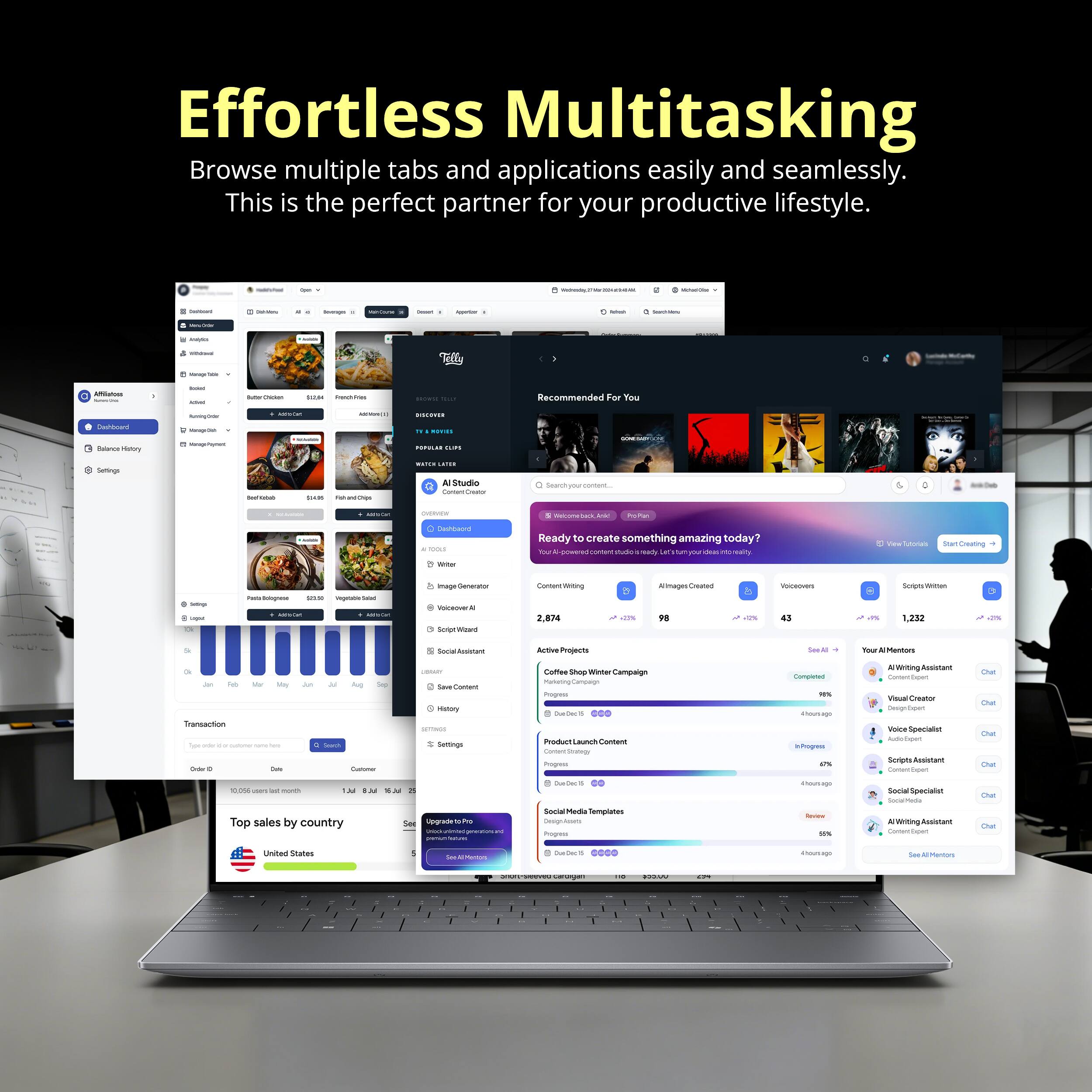 Effortless Multitasking  
Browse multiple tabs and applications easily and seamlessly.  
This is the perfect partner for your productive lifestyle.  

Recommended For You  

Ready to create something amazing today?  

Top sales by country  
United States  

AI Studio  
- Tools  
  1. Image Generator  
  2. Voiceover AI  
  3. Social Assistant  
  4. Save Content  
  5. Writer  
  6. Social Media Templates  

Your AI Mentors  
- Visual Creator  
- Audio Expert  
- Script Assistant  
- Social Specialist  
- AW Writing Assistant  

Campaigns  
- Coffee Shop Winter Campaign  
- Product Launch Content  
- Social Media Templates  

Content  
- 2,812  
- 98  
- 43  
- 1,232  

Top sales by country  
United States