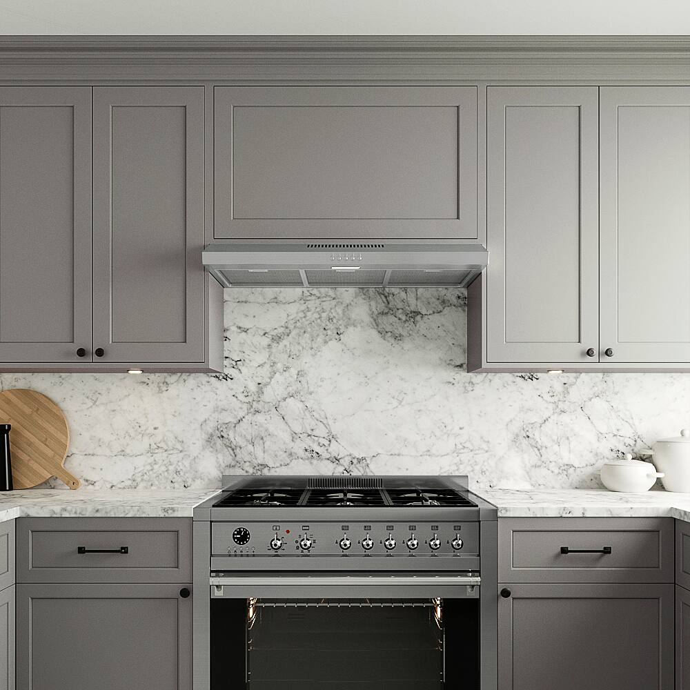 Left. Streamline - 36 in. Olbia Ductless Undermount 80 CFM Range Hood, Mesh Filters, Push Button Control, LED Light - Brushed Stainless Steel.