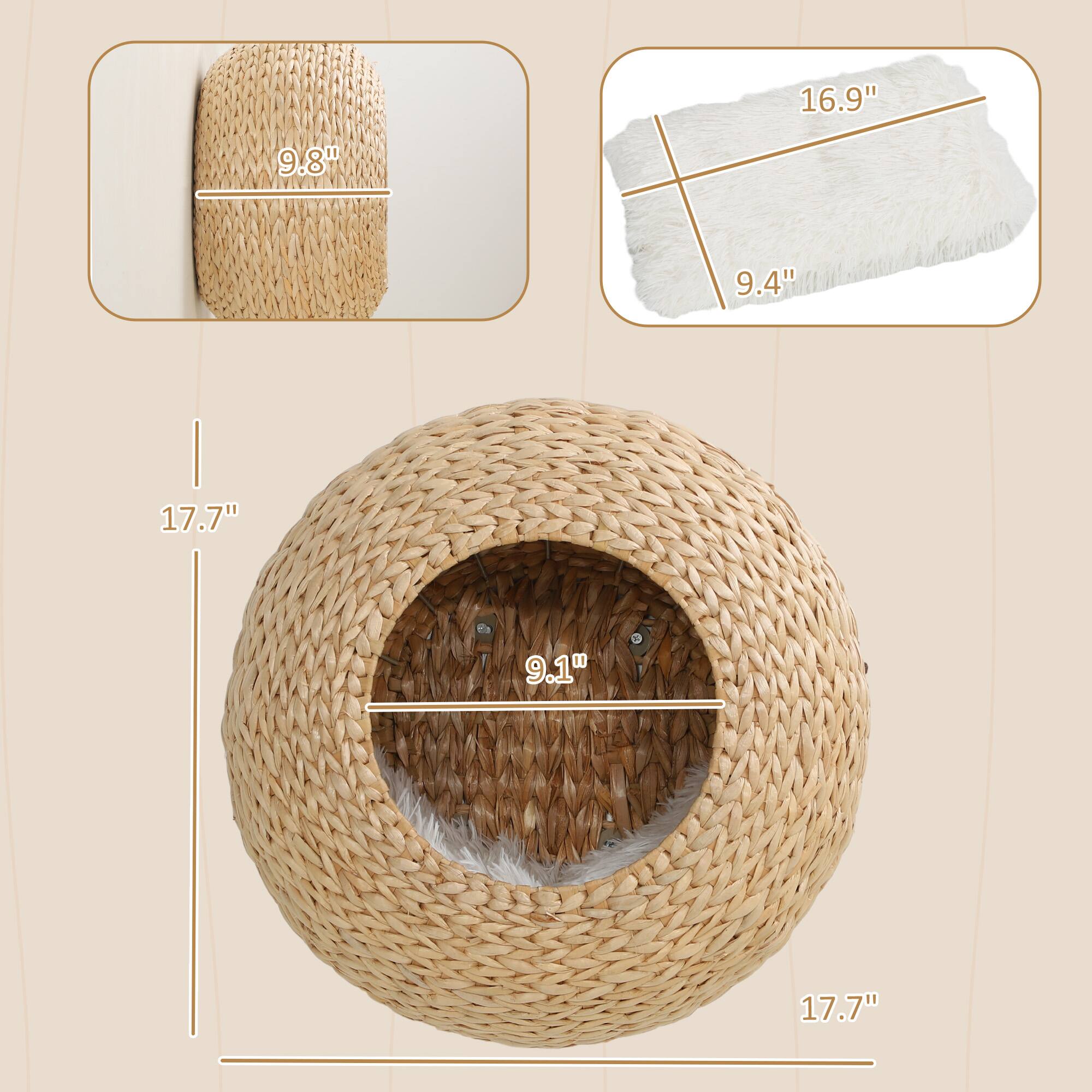 Left. Pawhut - Cat Wall Furniture, Wall Mounted Cat Condo with Washable Cushion, Wall Shelf for Indoor Cats Kittens - Natural Wood.