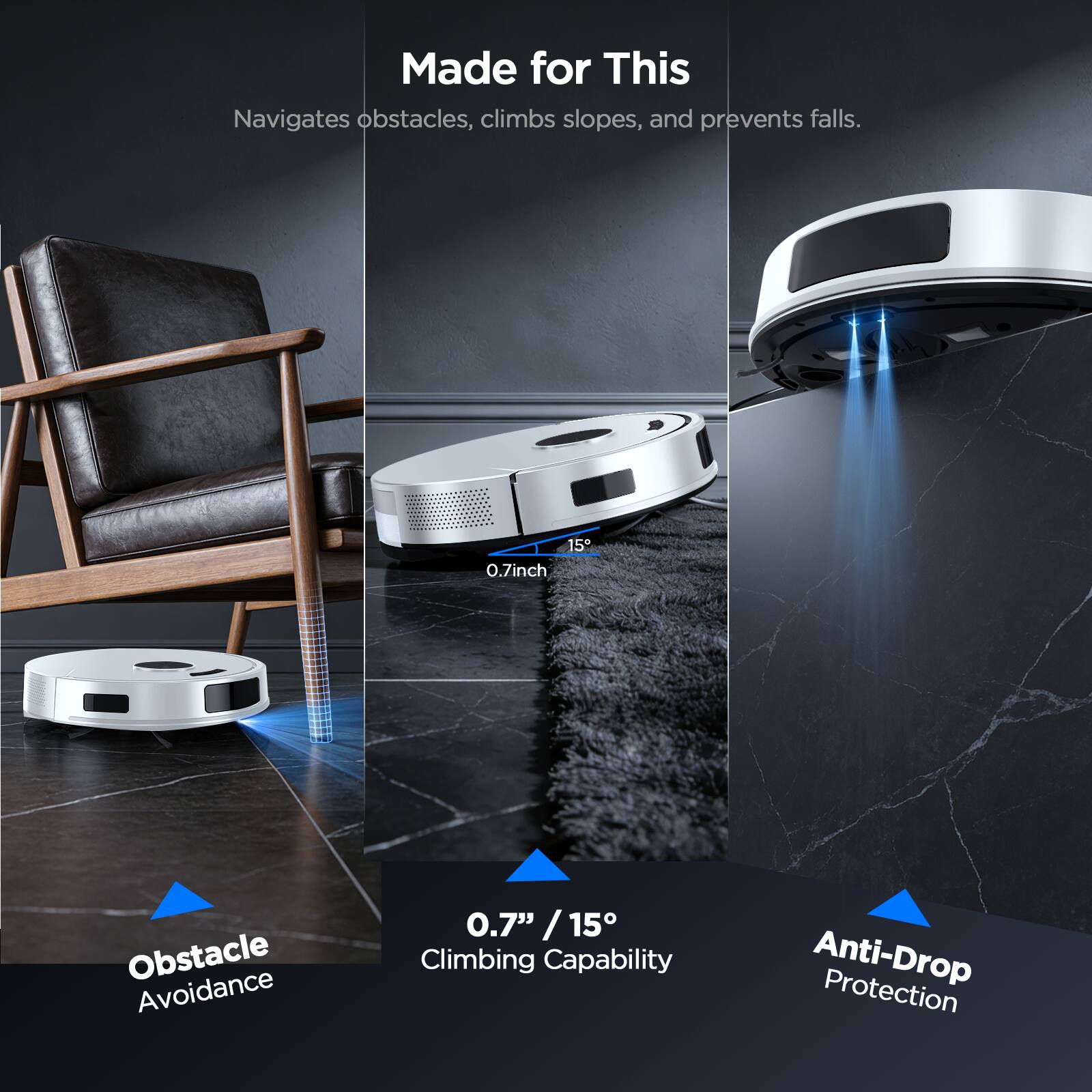 Made for This  
Navigates obstacles, climbs slopes, and prevents falls.

- Obstacle Avoidance  
  0.7 inch

- Climbing Capability  
  0.7" / 15°

- Anti-Drop Protection
