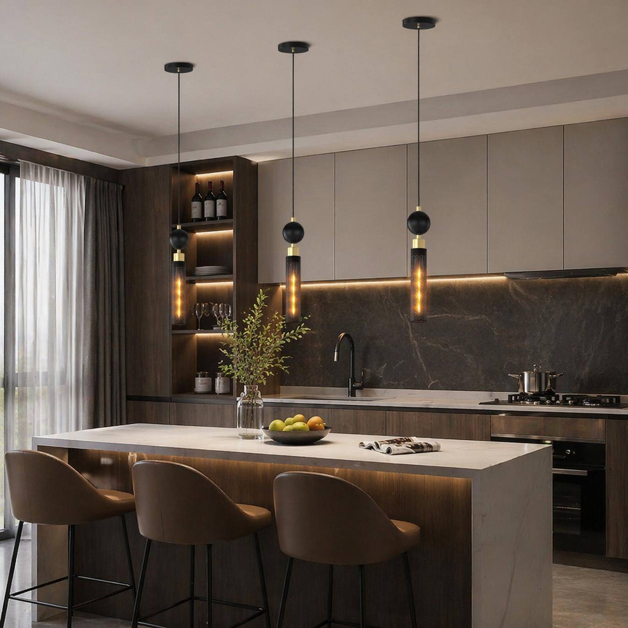 Left. RYHNUYNE - Modern Black Wrought Iron Pendant Light with Adjustable Cord for Kitchen Island, Dining Room, and Living Room.