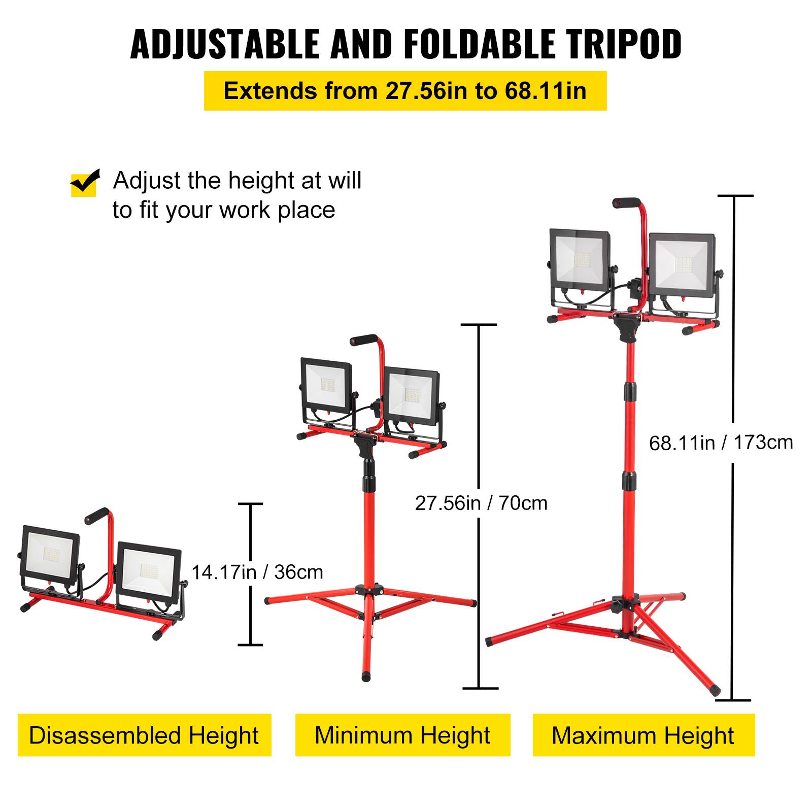 ADJUSTABLE AND FOLDABLE TRIPOD  
Extends from 27.56in to 68.11in  

Adjust the height at will to fit your work place  

Disassembled Height: 14.17in / 36cm  
Minimum Height: 27.56in / 70cm  
Maximum Height: 68.11in / 173cm