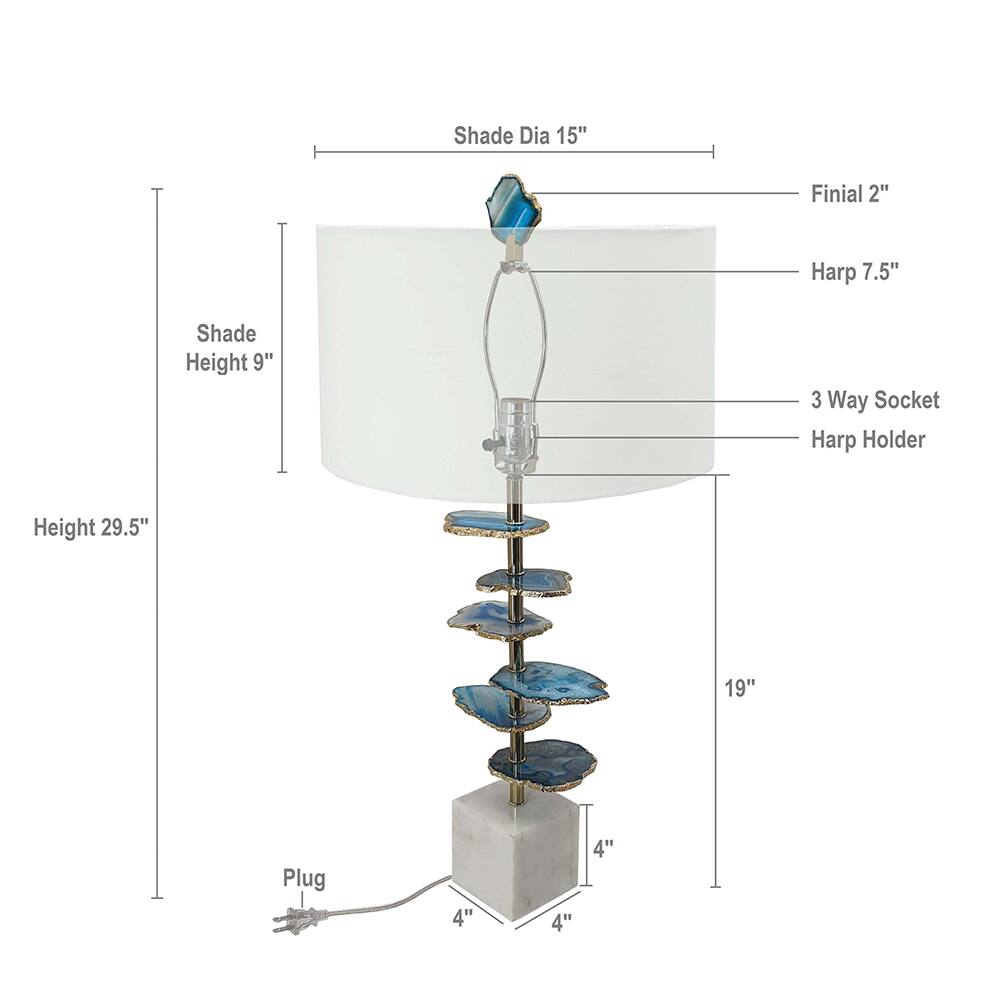 - Shade Dia: 15"
- Finial: 2"
- Harp: 7.5"
- Shade Height: 9"
- 3 Way Socket
- Harp Holder
- Height: 29.5"
- 19"
- Plug: 4"
- 4"
- 4"