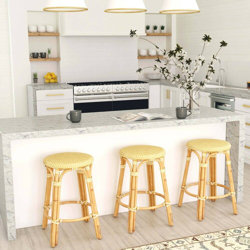 Alt View 4. Butler Specialty - Tobias Rattan Round 24" Counter Stool - Yellow And White Dot.