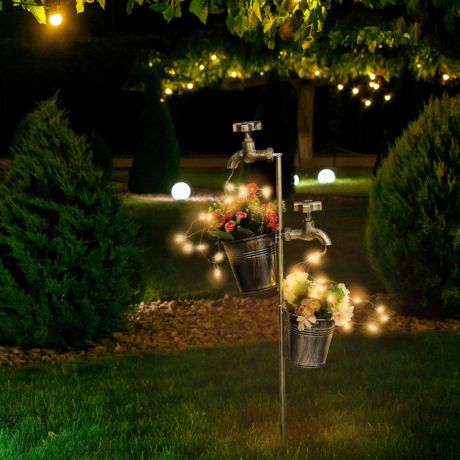 Alt View 2. Oumilen - Solar Water Tap Garden Stake Light with Double Buckets – IP65 Vintage Rustic Flower Light for Yard Lawn.