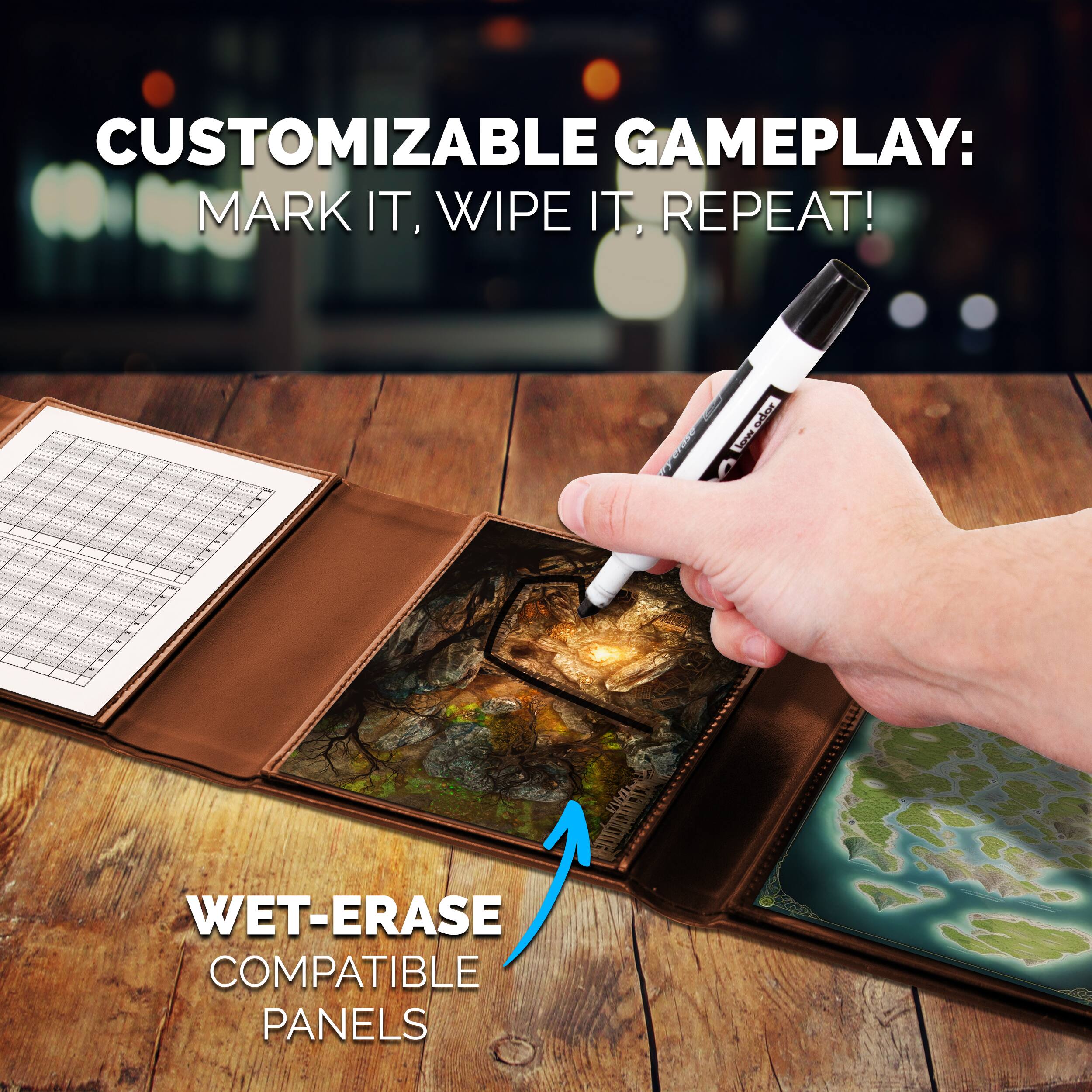 CUSTOMIZABLE GAMEPLAY: MARK IT, WIPE IT, REPEAT!  
WET-ERASE COMPATIBLE PANELS