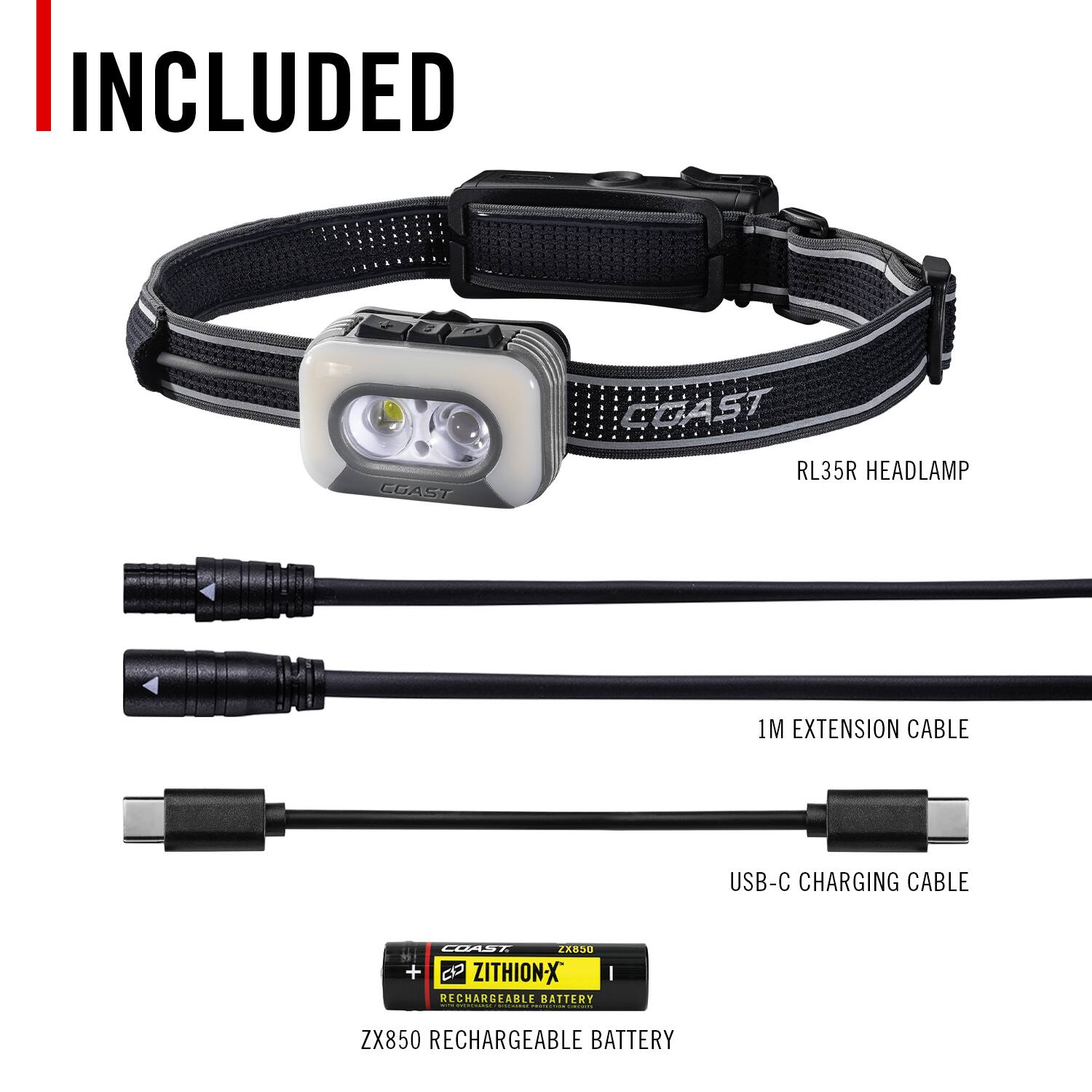 INCLUDED CGAST COAST RL35R HEADLAMP 1M EXTENSION CABLE USB-C CHARGING CABLE LLAST CxBSU + B ZITHION-X RECHARGEABLE BATTERY ZX850 RECHARGEABLE BATTERY
