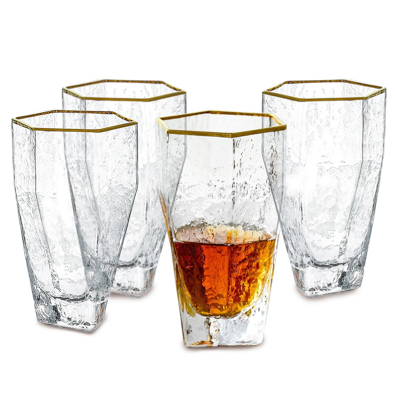 Angle. BreeBe - Gold Rimmed Hammer Hexagon Glass (set of 4) - Clear.