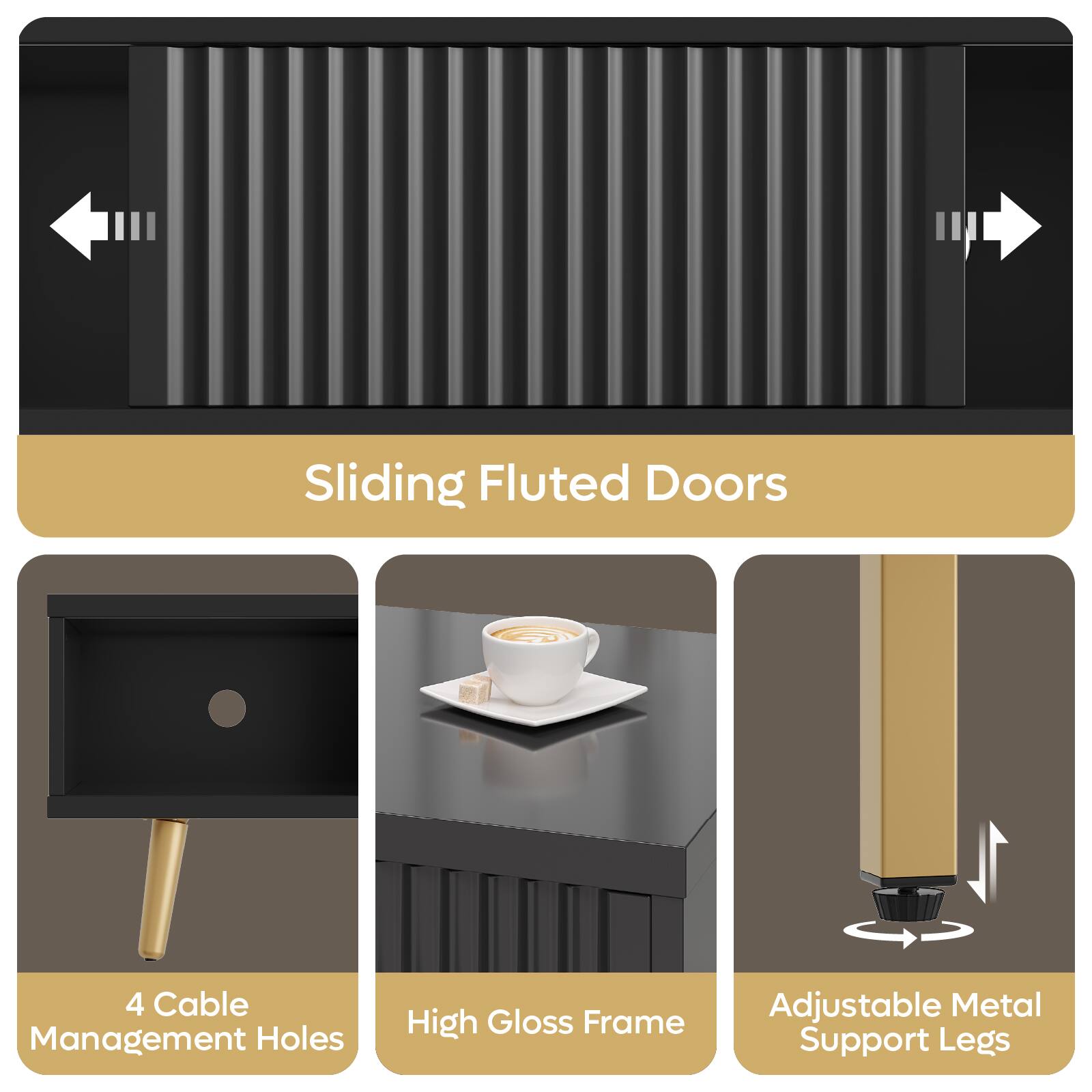 Sliding Fluted Doors:

* 2D
* 4 Cable Management Holes
* High Gloss Frame
* Adjustable Metal Support Legs