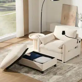 LUCKY ONE - 37" Single Chenille Armchair Sofa w/ Storage Ottoman Phone Holder USB Charger - Beige