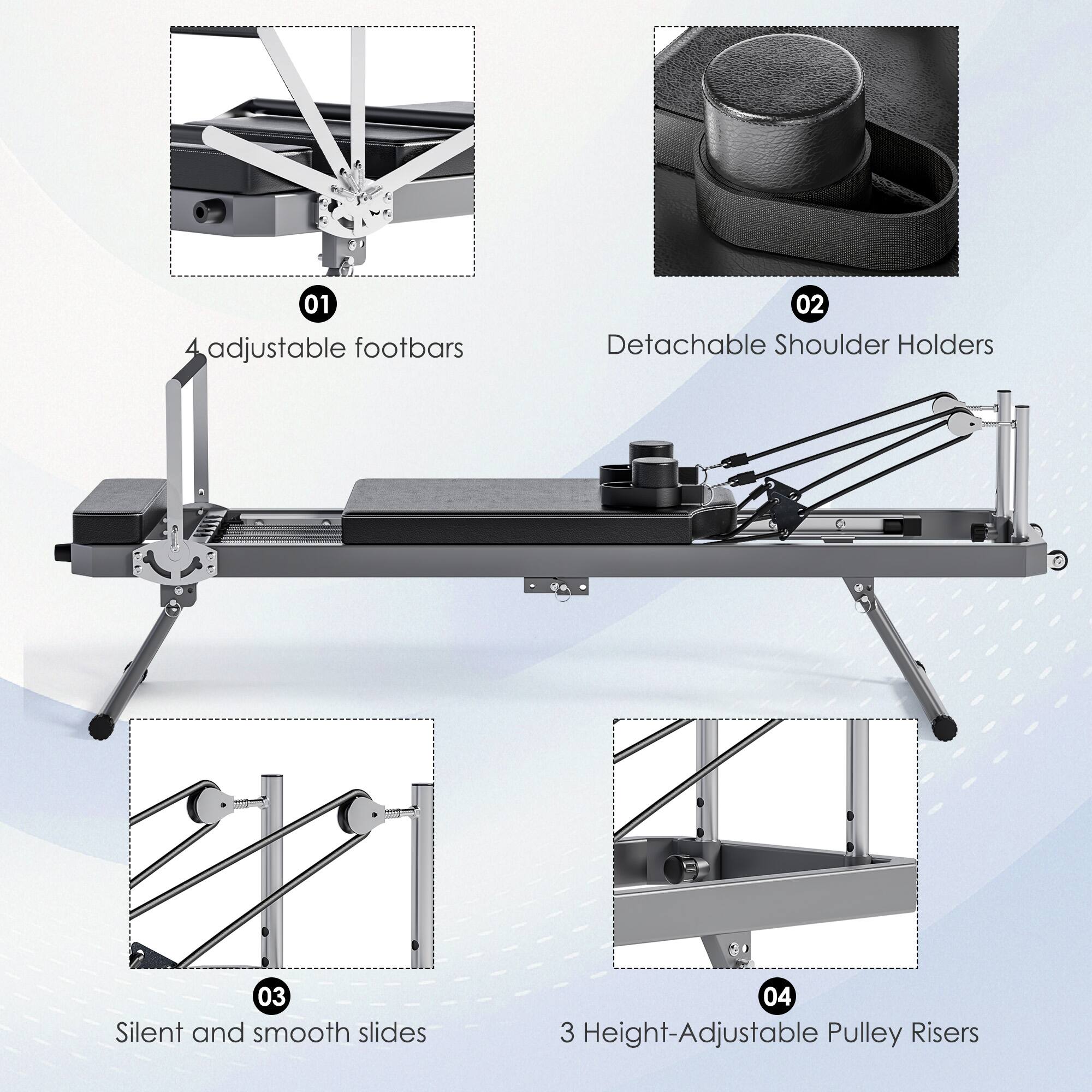 01 4 adjustable footbars  
02 Detachable Shoulder Holders  
03 Silent and smooth slides  
04 3 Height-Adjustable Pulley Risers