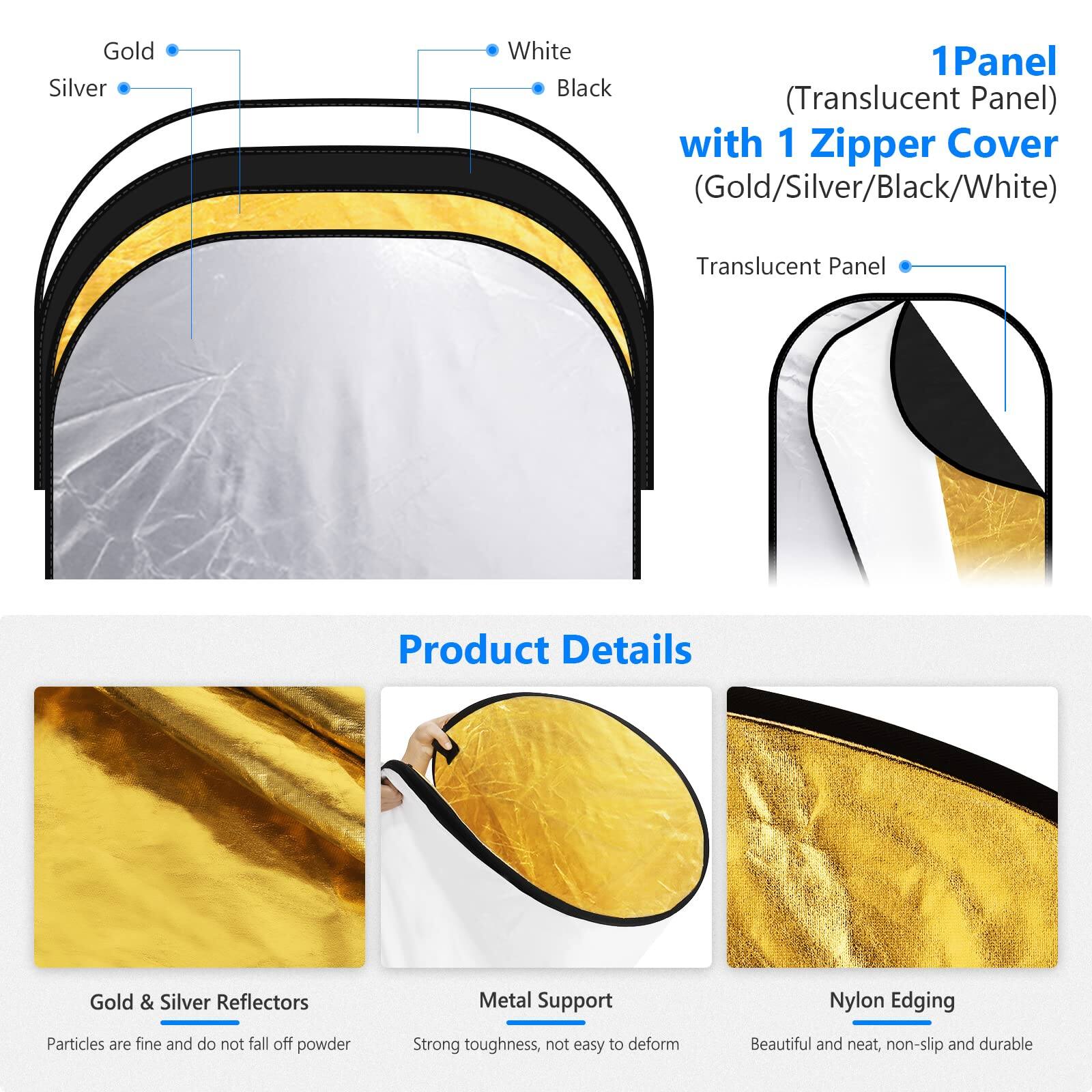 Gold Silver White 1 1Panel Black (Translucent Panel) with 1 Zipper Cover (Gold/Silver/Black/White) Translucent Panel

Product Details

- Gold & Silver Reflectors
  - Particles are fine and do not fall off powder

- Metal Support
  - Strong toughness, not easy to deform

- Nylon Edging
  - Beautiful and neat, non-slip and durable