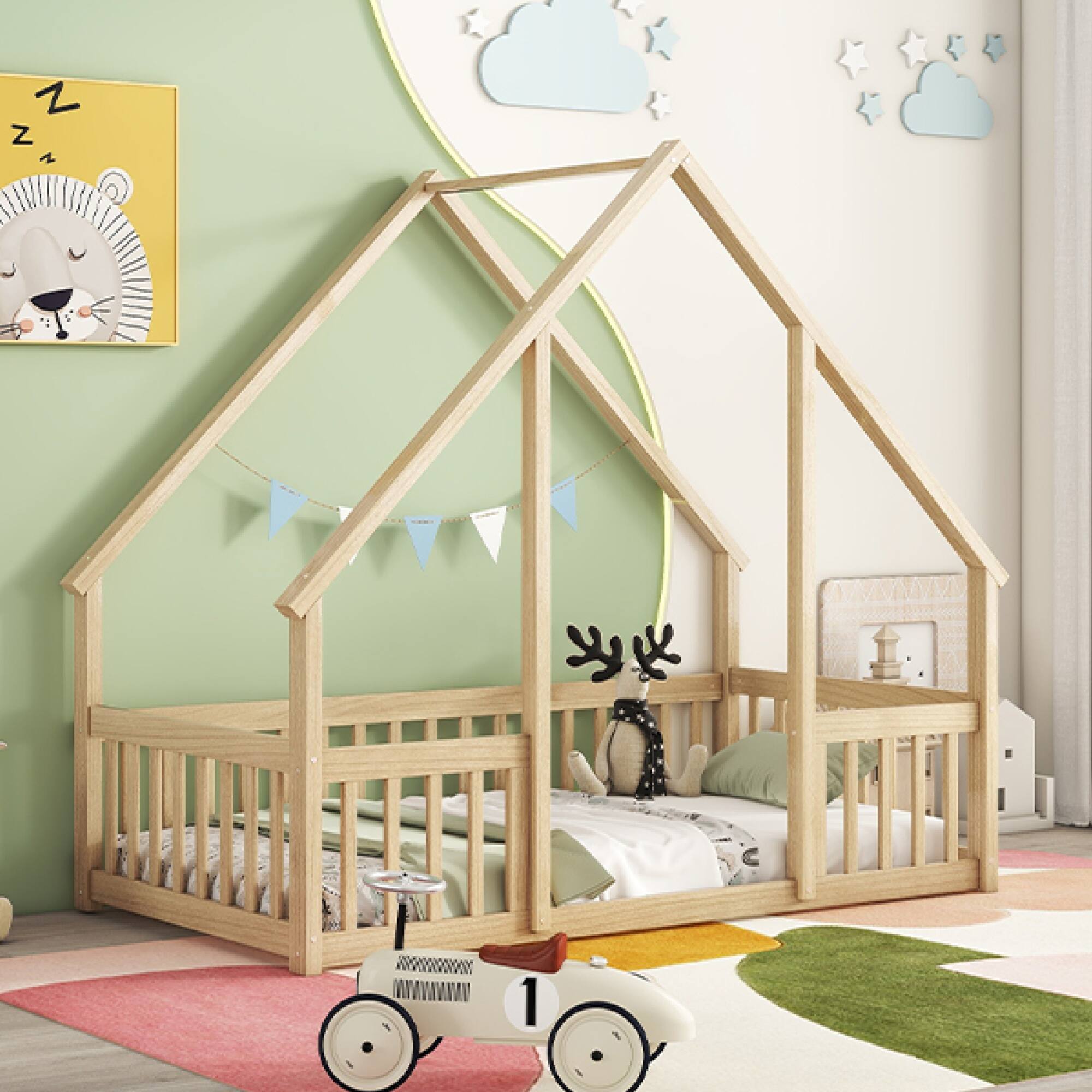 Alt View 9. GOODSILO - House-Shaped Twin Floor Bed with Safety Fence and Guardrails for Children's Playful Sleep Space - Natural.