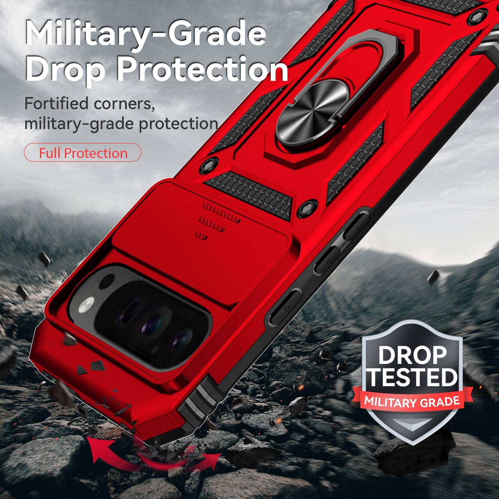 Military-Grade Drop Protection  
Fortified corners, military-grade protection  
Full Protection  

DROP TESTED MILITARY GRADE