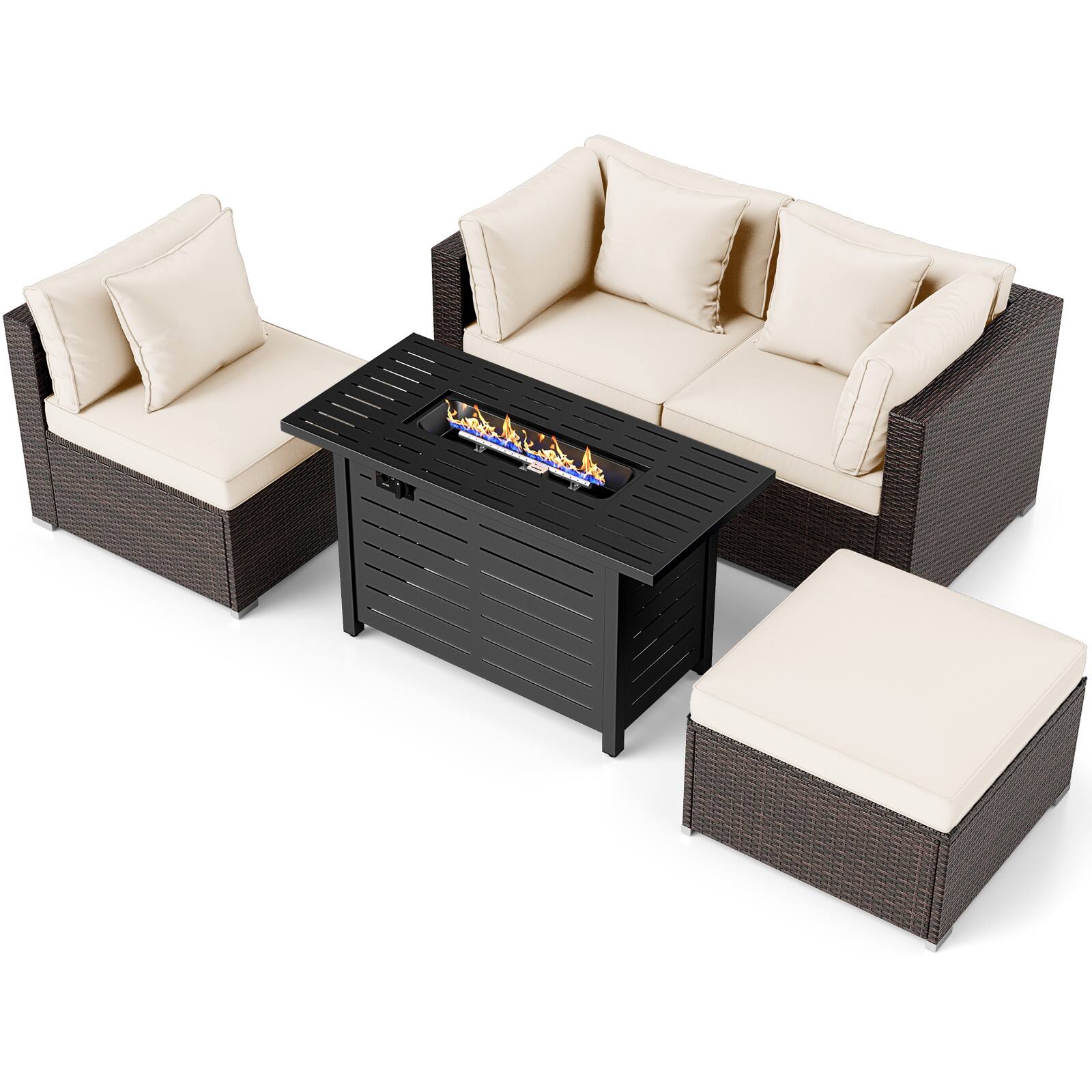 Alt View 6. Gymax - Gymax Set of 5 Patio Furniture Set Heavy-duty Frame Rattan Sofa Set w/ 60000 BTU Firepit Table White - White.