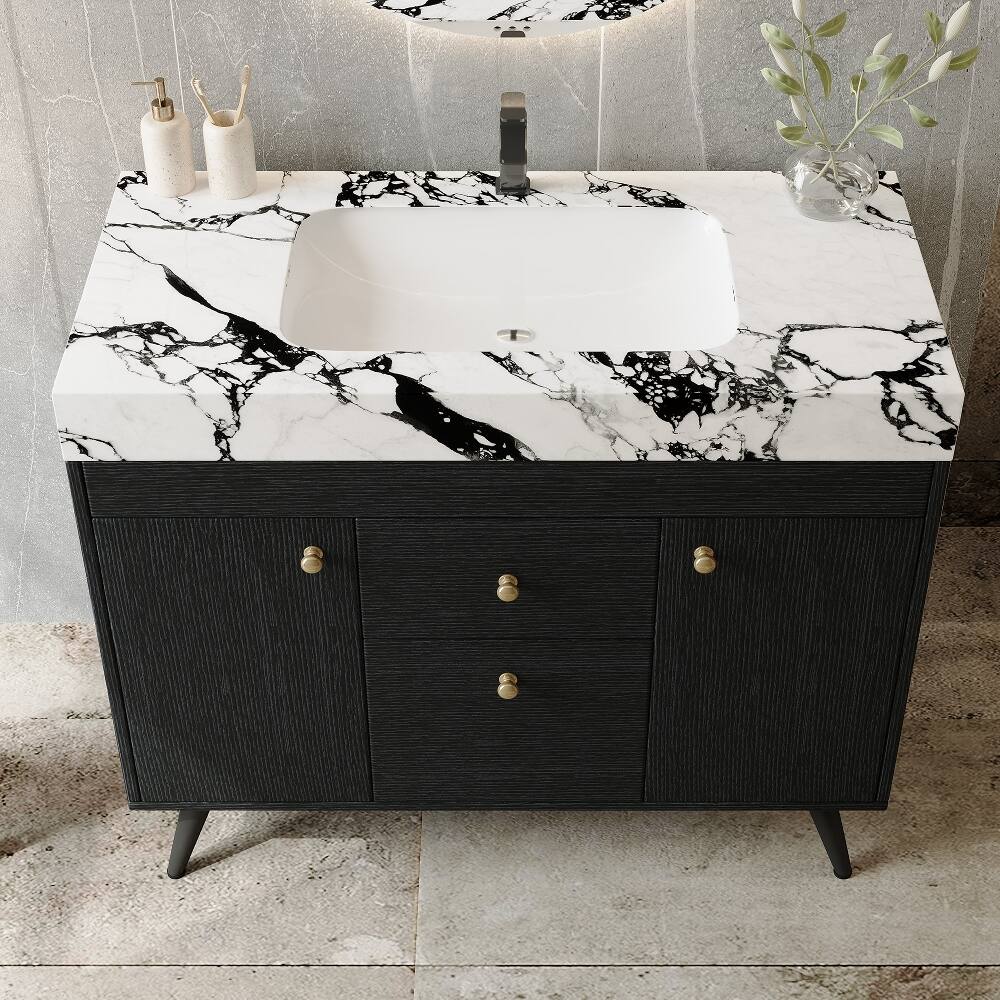 Left. Loheer - Loheer 36 inch freestanding bathroom vanity with sintered stone vanity top, ceramic sink, black and gold - Black/Gold/White.