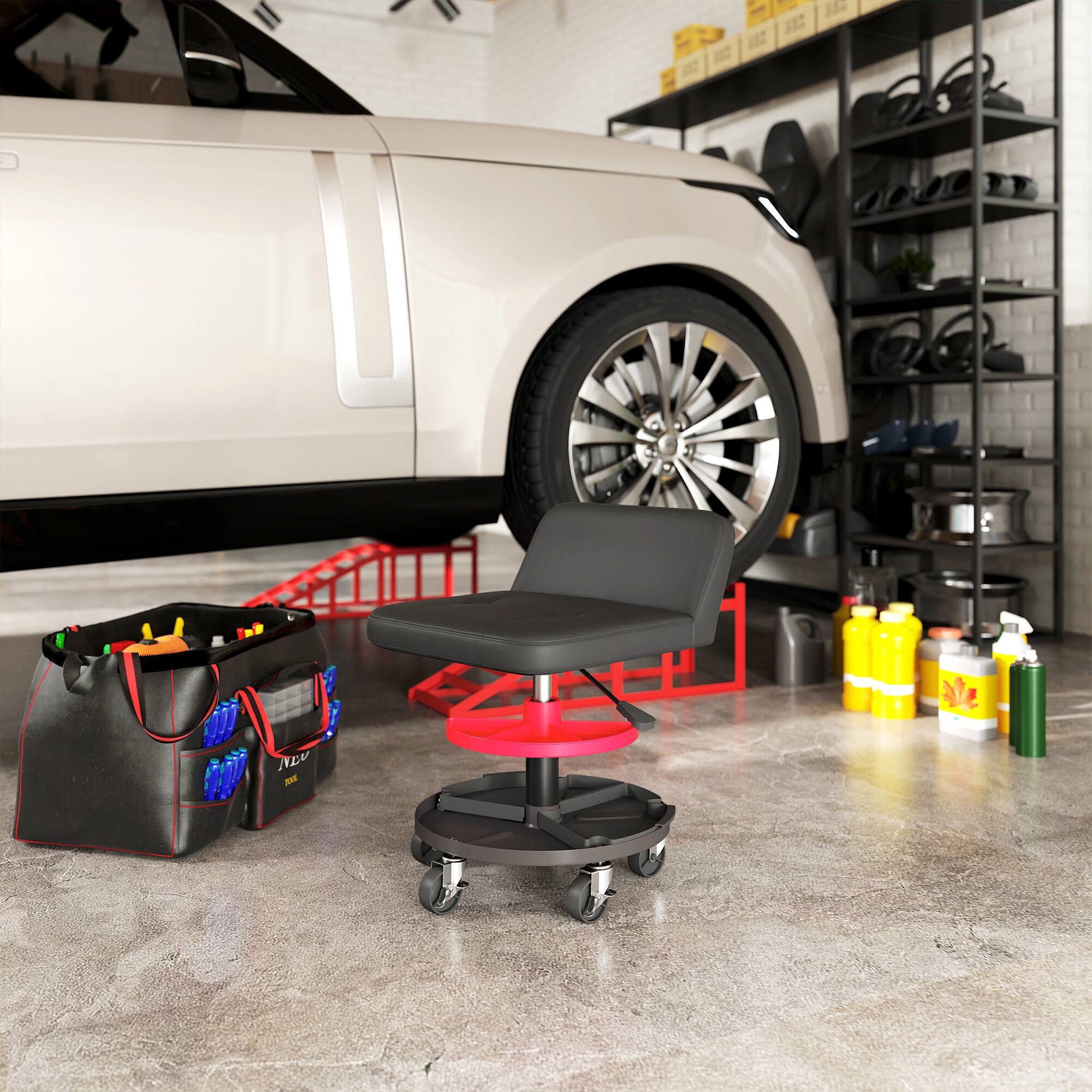 Alt View 8. Homcom - Rolling Mechanic Stool, 300 LBS Capacity Pneumatic Creeper Garage Stool with 360° Wheels, Backrest - Black.