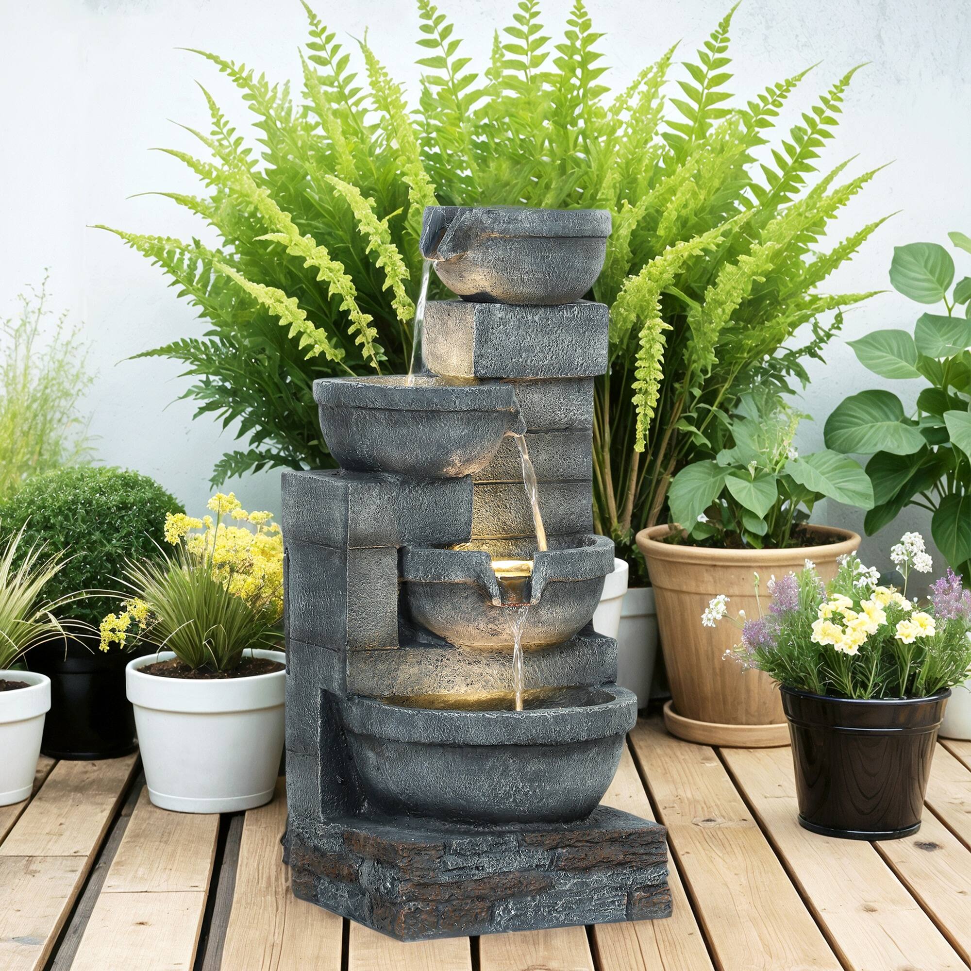 Alt View 7. Outsunny - 30" Tall Outdoor Waterfall Fountain with LED Lights, 4-Tier Resin Cascading Water Bowls with Pump - Gray.