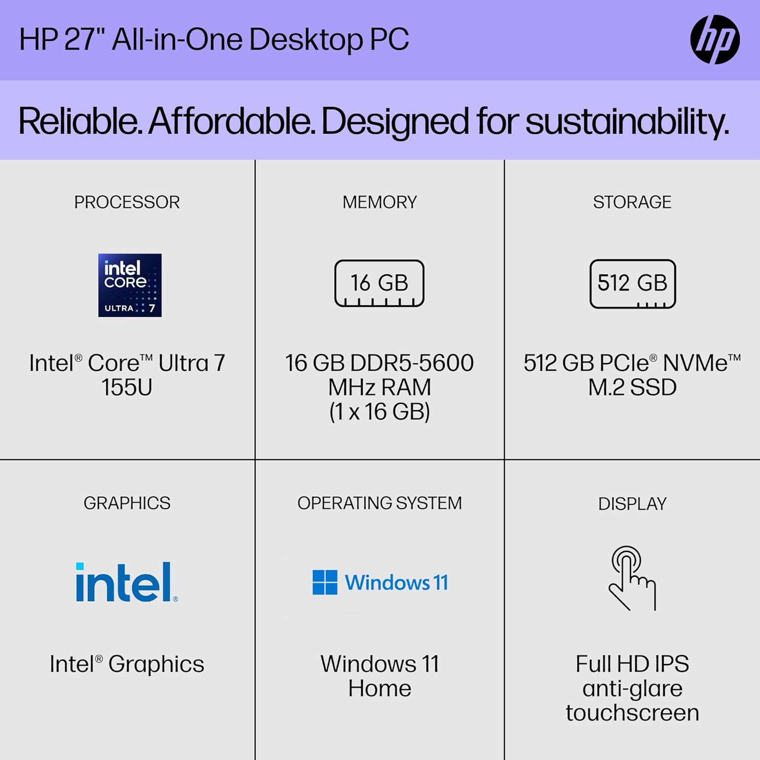 HP 27" All-in-One Desktop PC  
Reliable. Affordable. Designed for sustainability.  

PROCESSOR  
Intel® Core™ Ultra 7 155U  

MEMORY  
16 GB DDR5-5600 MHz RAM (1 x 16 GB)  

STORAGE  
512 GB PCIe® NVMe™ M.2 SSD  

GRAPHICS  
Intel® Graphics  

OPERATING SYSTEM  
Windows 11 Home  

DISPLAY  
Full HD IPS anti-glare touchscreen
