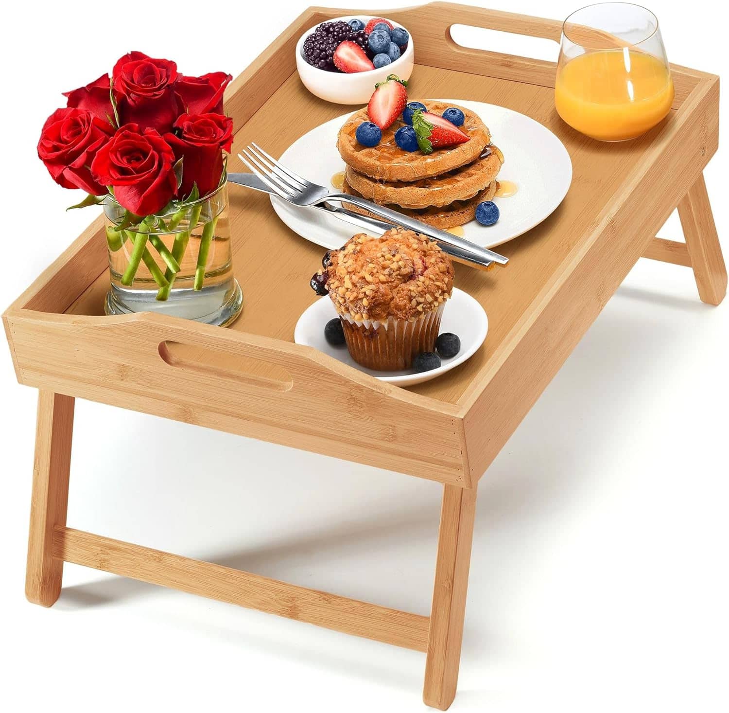 Front. Home It - Bed Table Tray with Folding Legs - Breakfast Tray Bamboo Bed Tray for Sofa, Bed, Eating, Snacking and Working - BEIGE.