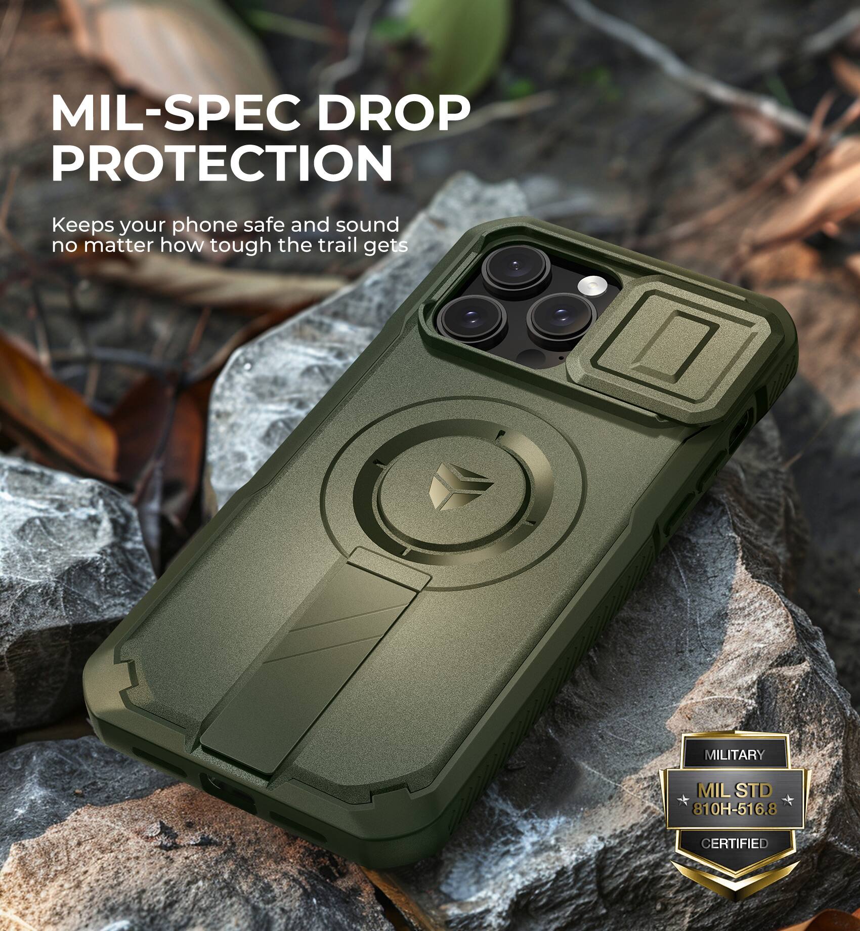 MIL-SPEC DROP PROTECTION
Keeps your phone safe and sound no matter how tough the trail gets
MILITARY MIL STD 810H-516.8 CERTIFIED
