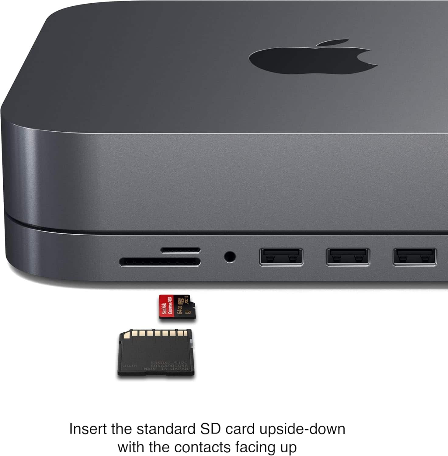 Insert the standard SD card upside-down with the contacts facing up.