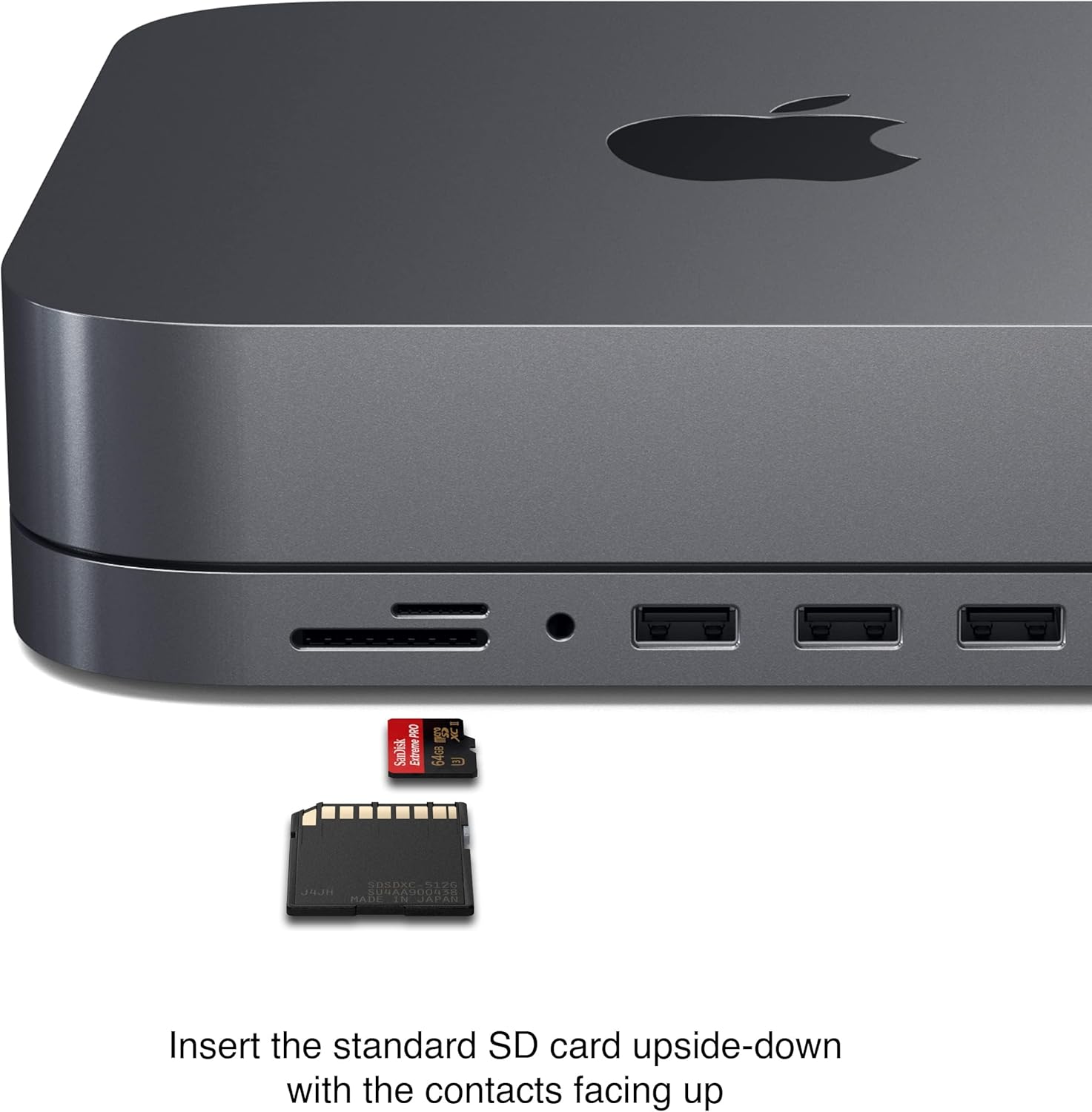 Insert the standard SD card upside-down with the contacts facing up.