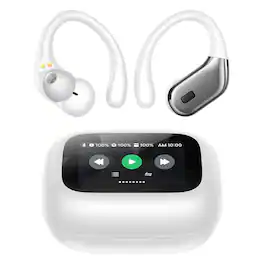 PRIMEPLUS - Bluetooth Earbuds with Smart Touchscreen Case, 40H Battery, Physical Button Controls, Over Ear Buds for Sports Workout - White
