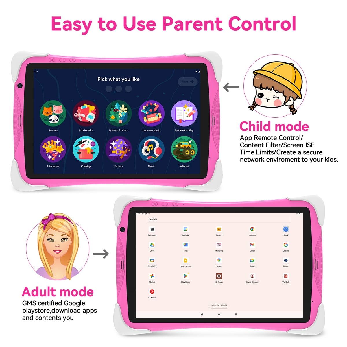 Easy to Use Parent Control

Pick what you like

Child mode
App Remote Control/ Content Filter/Screen ISE Time Limits/Create a secure network environment to your kids.

Adult mode
GMS certified Google playstore, download apps and contents you