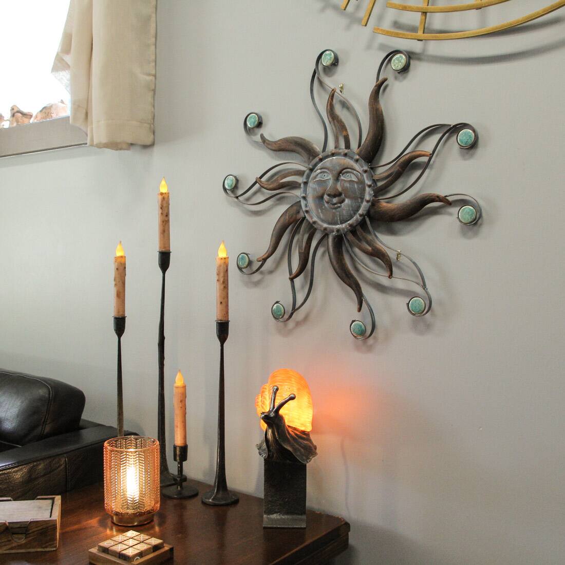 Alt View 3. Zeckos - Antique Copper Finish Metal Sun Face Wall Hanging With Ceramic Bead Accents - Blue.