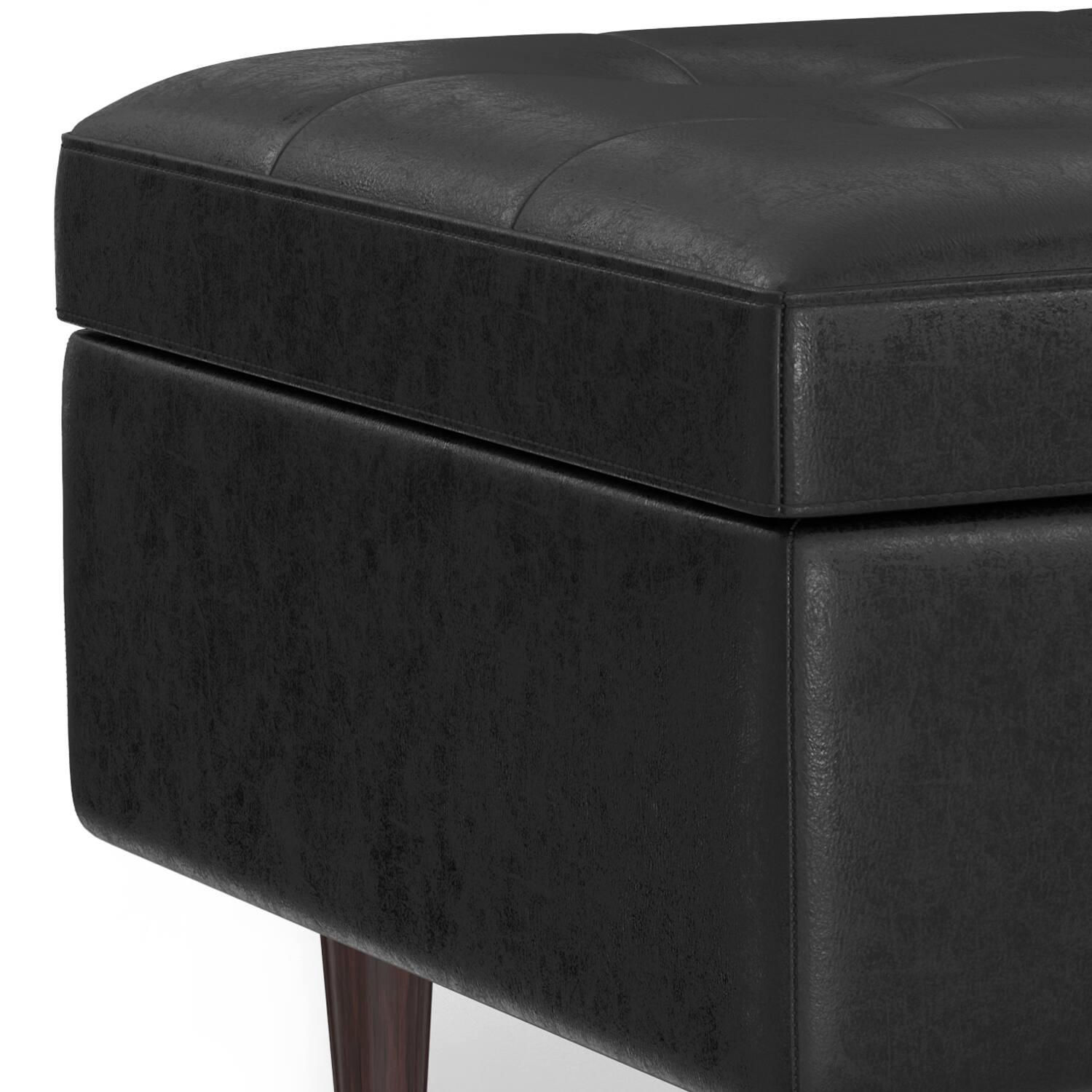 Alt View 2. Simpli Home - Shay 34 inch Wide Mid Century Modern Rectangle Coffee Table Storage Ottoman in Distressed Black Faux Leather, Assembled - Distressed Black.