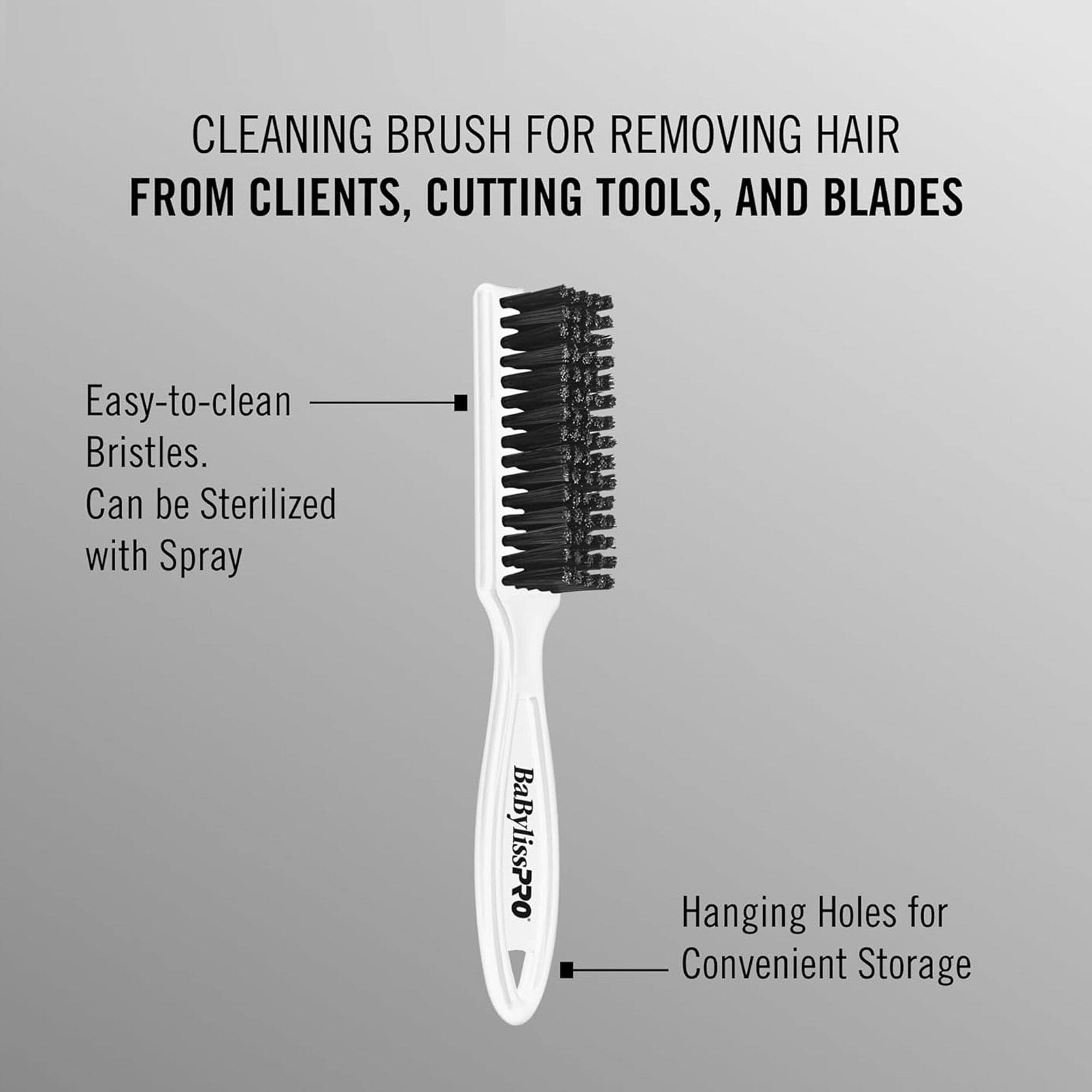 CLEANING BRUSH FOR REMOVING HAIR FROM CLIENTS, CUTTING TOOLS, AND BLADES

- Easy-to-clean Bristles.
- Can be Sterilized with Spray
- Hanging Holes for Convenient Storage