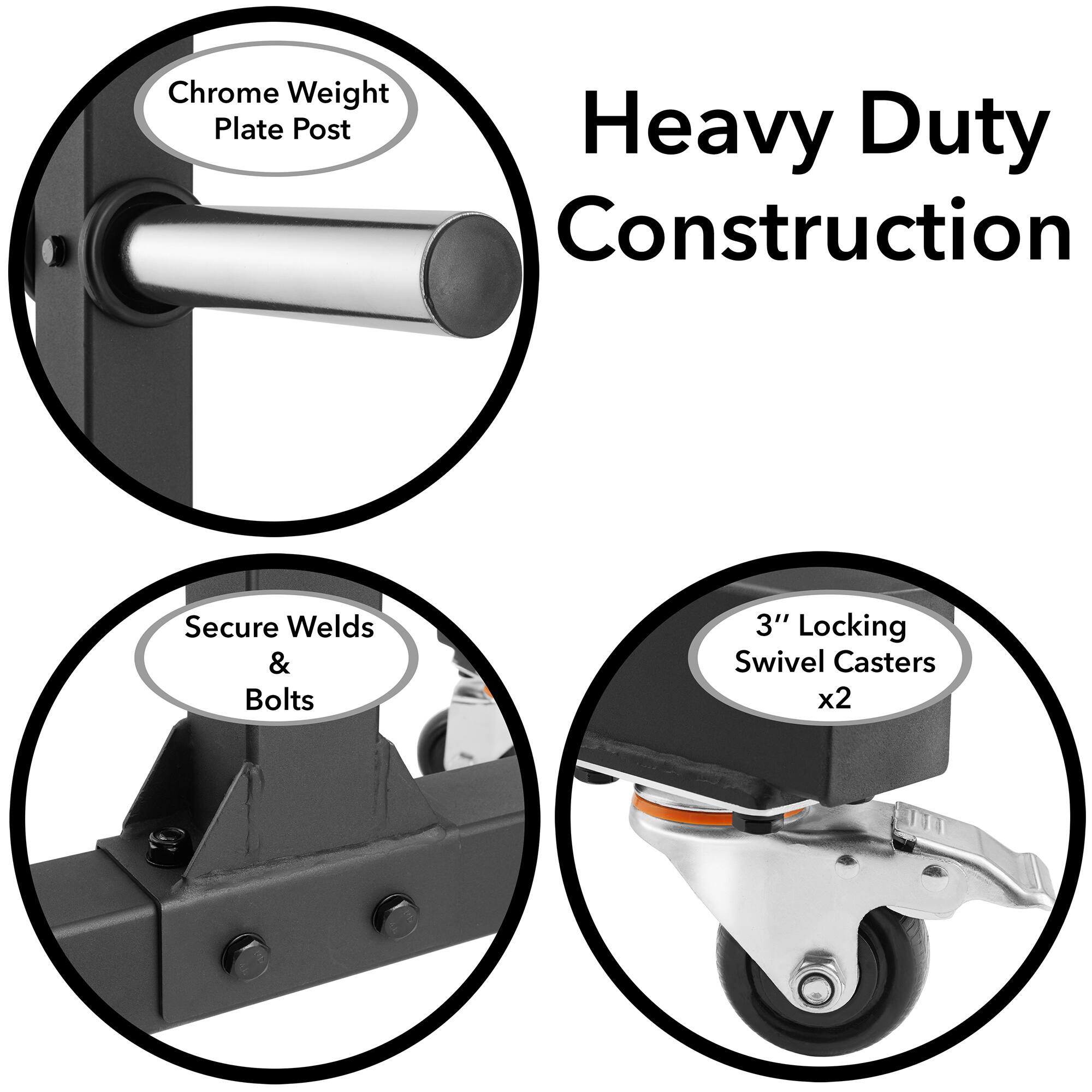 Chrome Weight Plate Post  
Heavy Duty Construction  
Secure Welds & Bolts  
3" Locking Swivel Casters x2