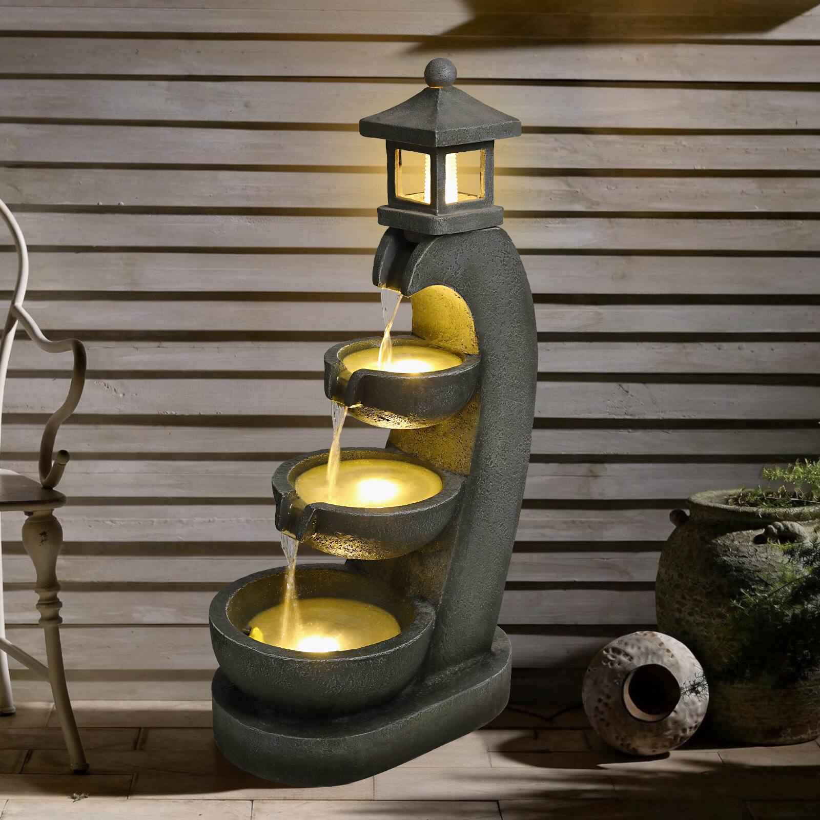 Angle. Anysun - 35 Inch Outdoor Water Fountain with Lights – 3-Tier Bowl Cascading Resin Lantern Style Garden Fountain for Yard - Grey.