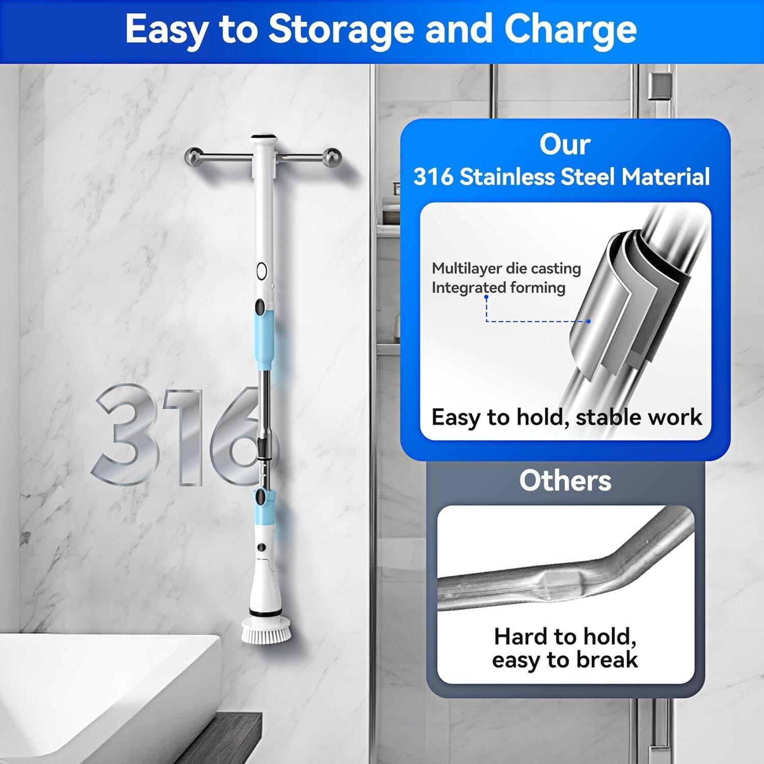 Easy to Storage and Charge

Our 316 Stainless Steel Material
- Multilayer die casting
- Integrated forming
- Easy to hold, stable work

Others
- Hard to hold, easy to break