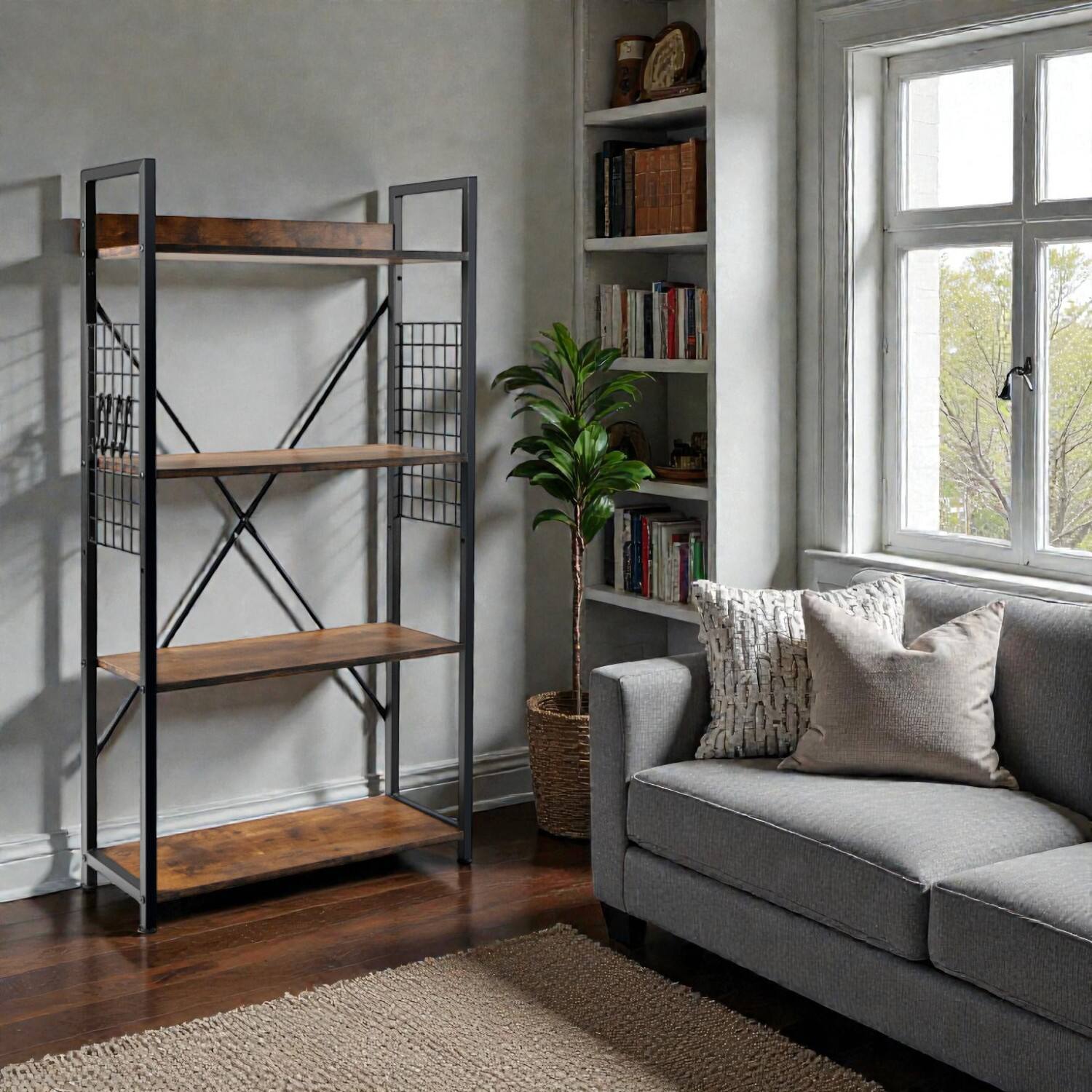 Front. Hivvago - 4-Level Industrial Bookshelf with Open Shelving for Home and Office - Dark Brown.