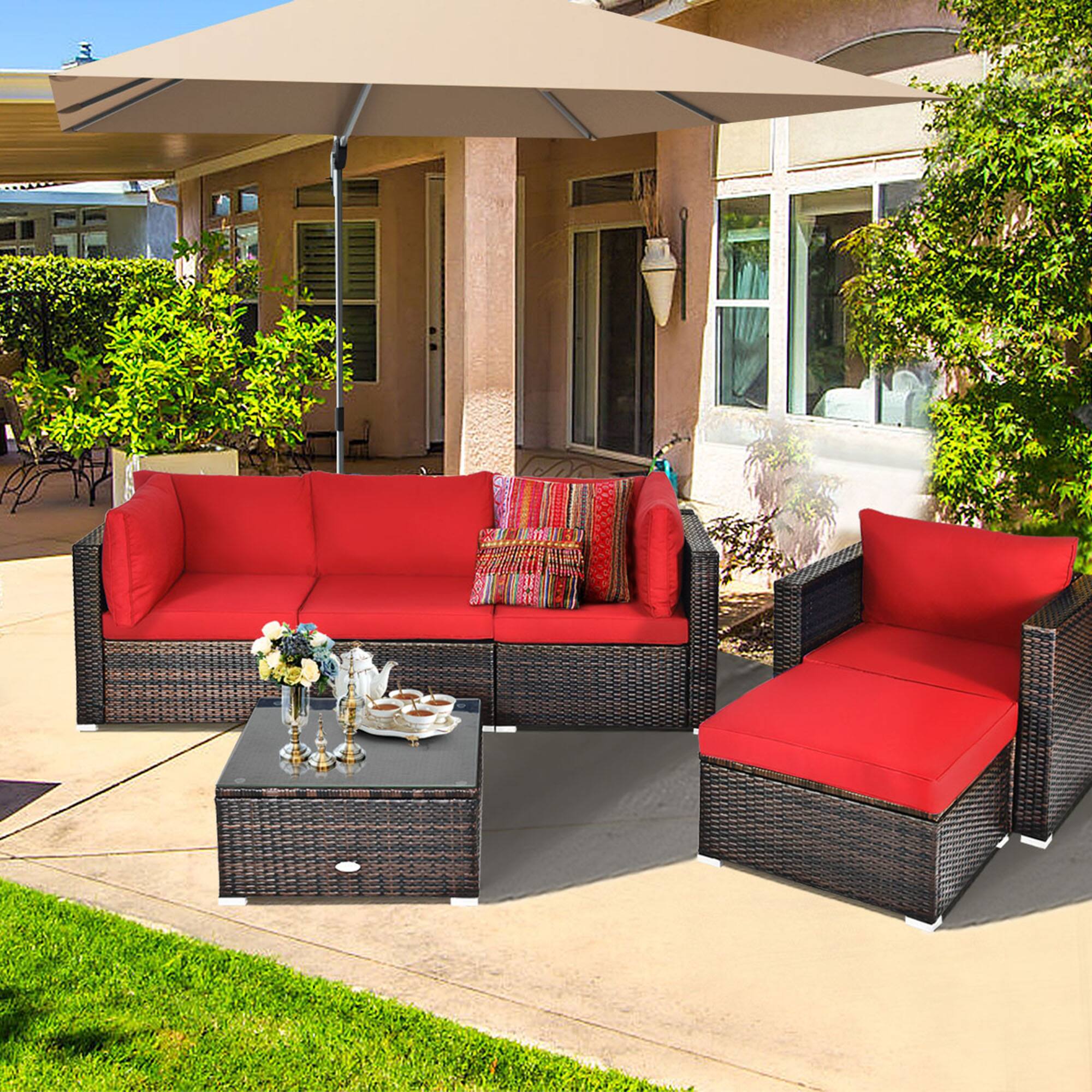 Alt View 2. Gymax - Gymax 6PCS Patio Conversation Set Rattan Sectional Furniture Set w/ Red Cushions - Red.
